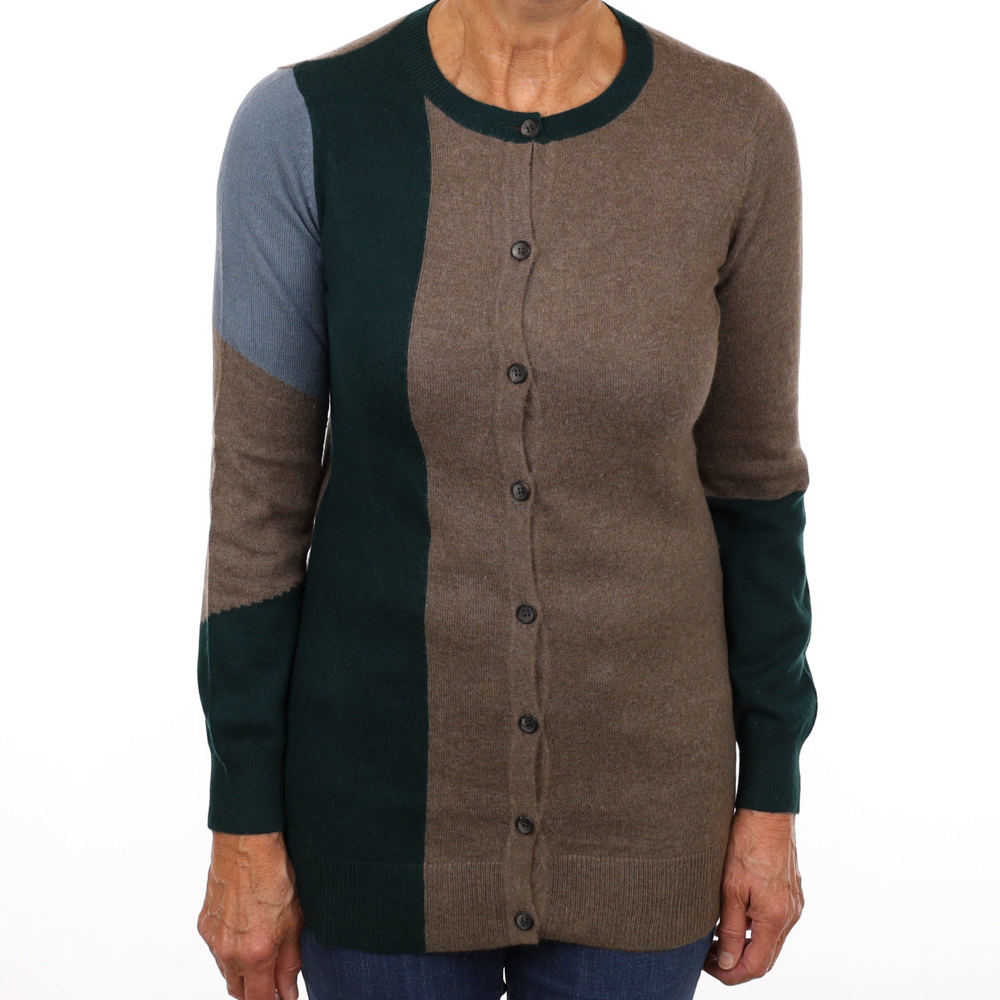 Mocha Colour Block Cashmere Longline Crew Neck Cardigan Medium