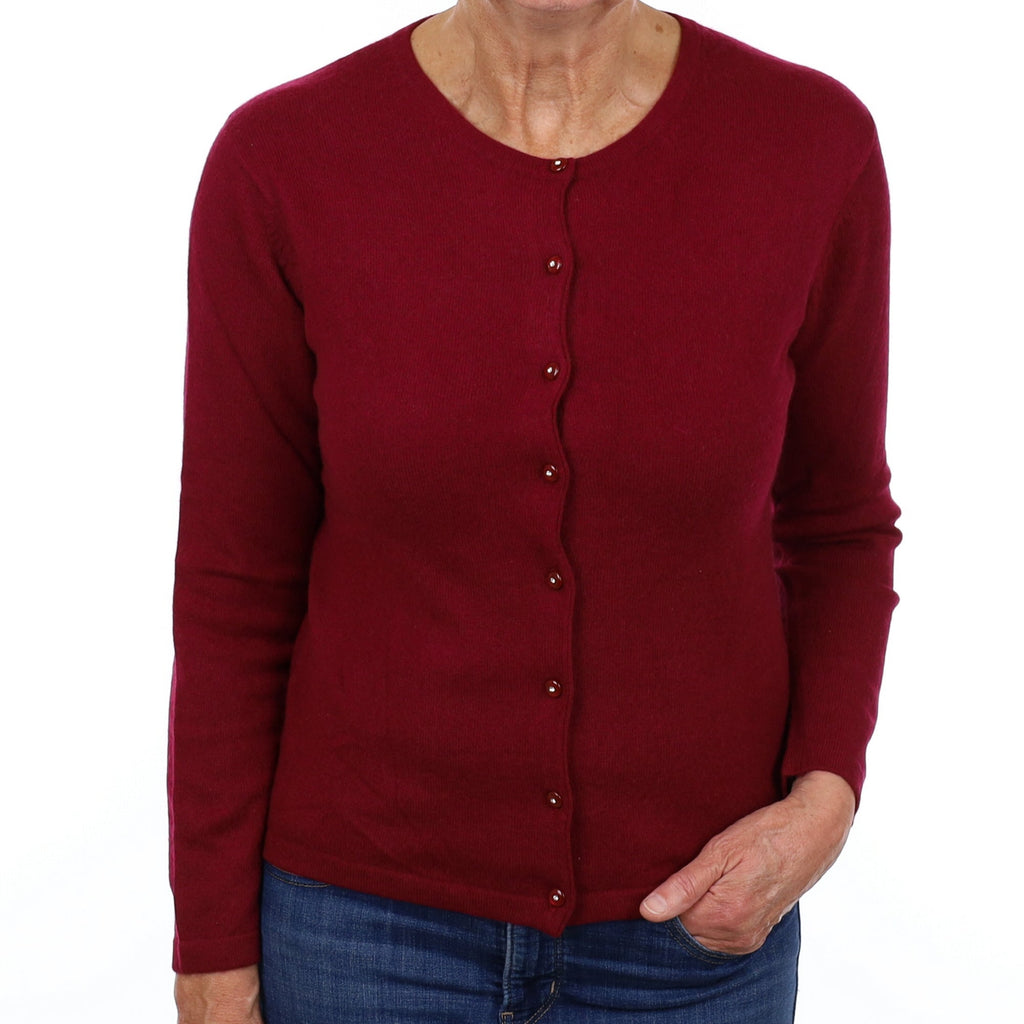 Wine Red Cashmere Crew Neck Cardigan Medium