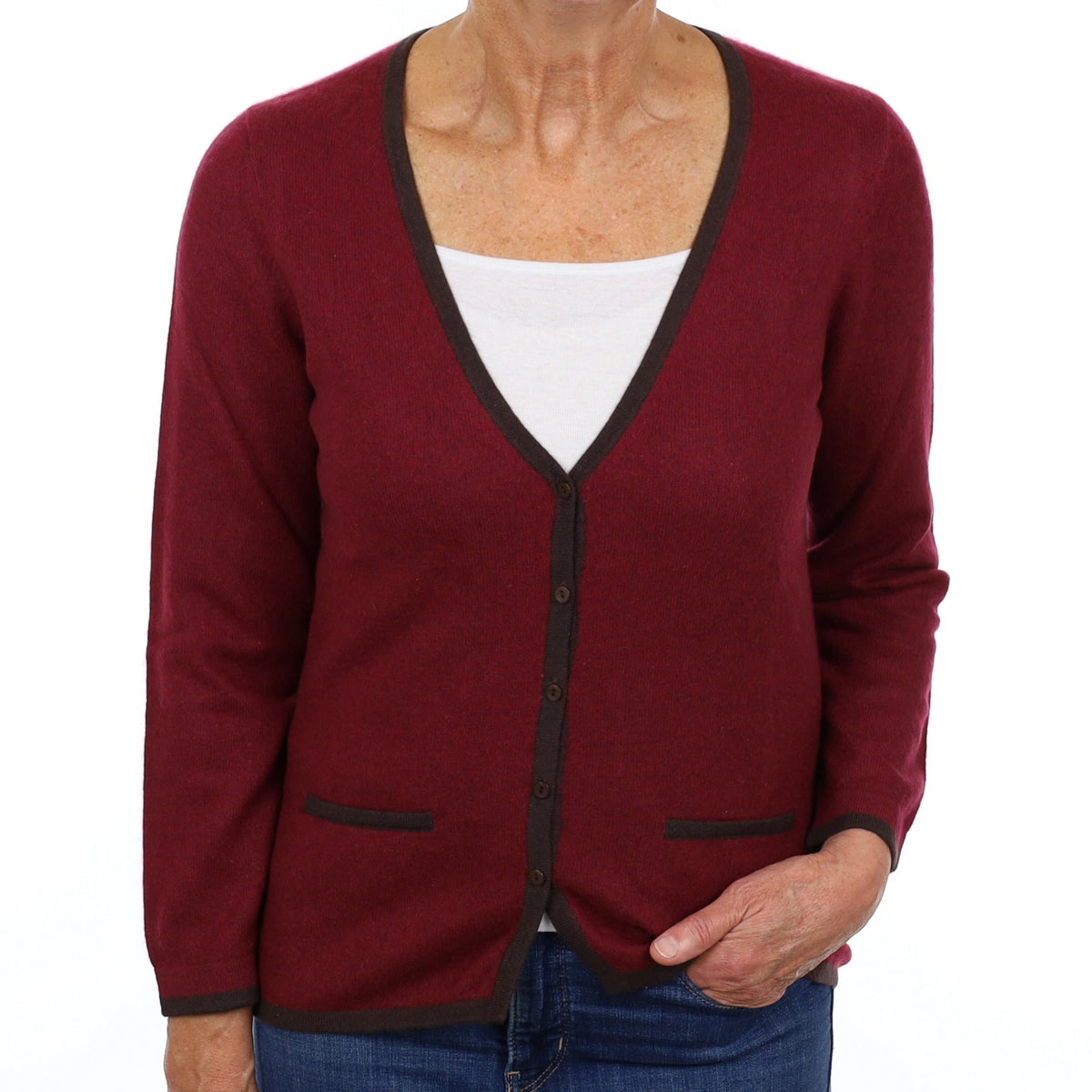 Burgundy Brown Trimmed Cashmere V Neck Cardigan Medium