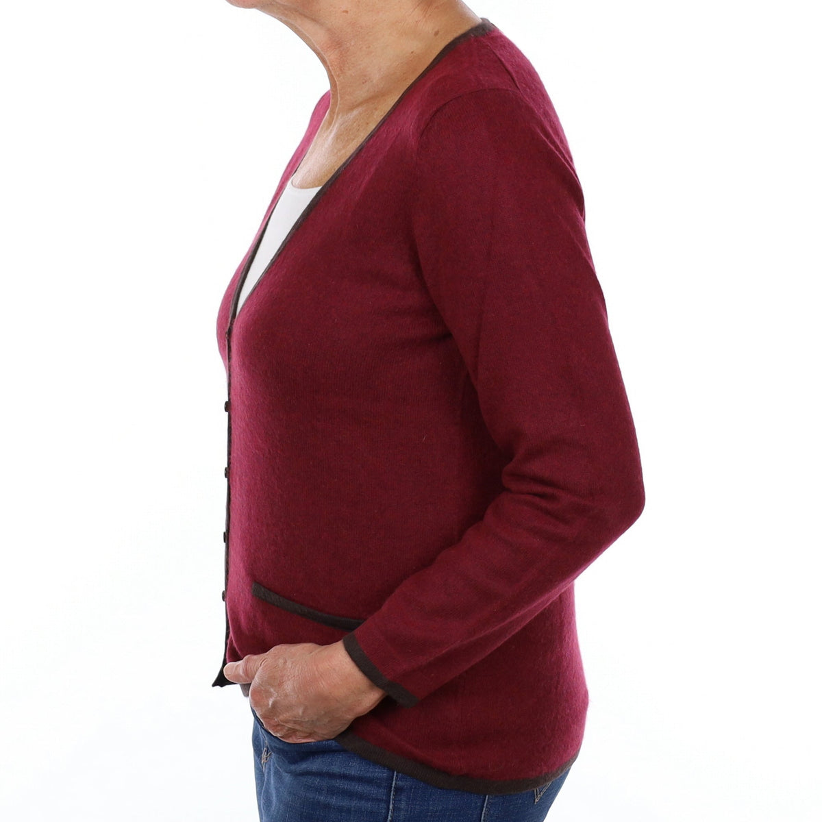 Burgundy Brown Trimmed Cashmere V Neck Cardigan Medium