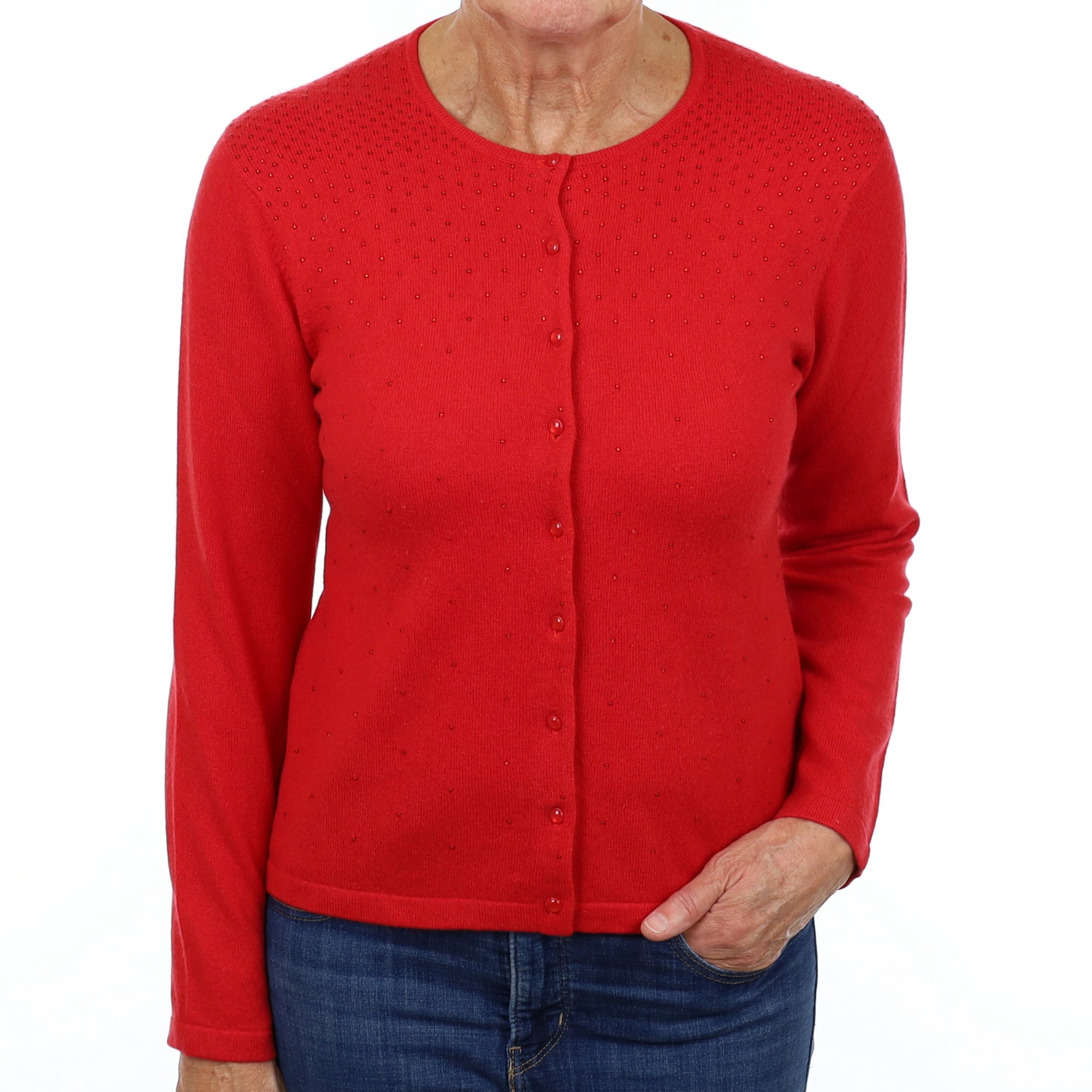 Scarlet Red Embellished Cashmere Crew Neck Cardigan Medium