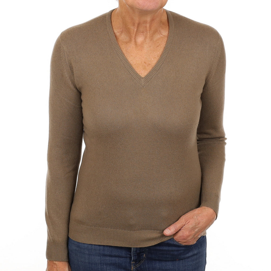 Vintage Jaeger Mushroom Brown Cashmere V Neck Jumper Medium