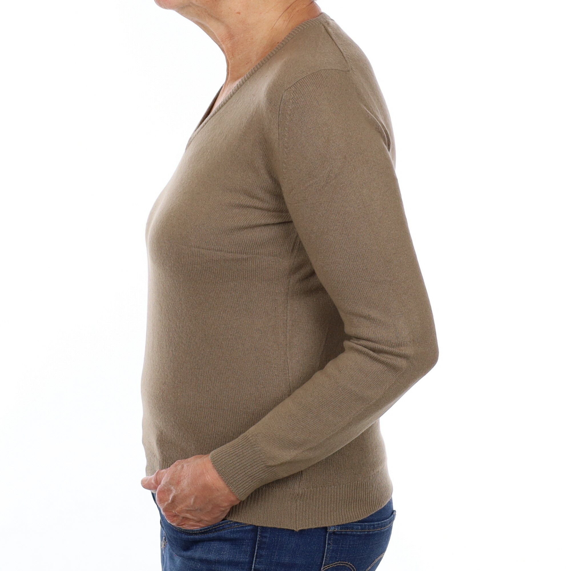 Vintage Jaeger Mushroom Brown Cashmere V Neck Jumper Medium