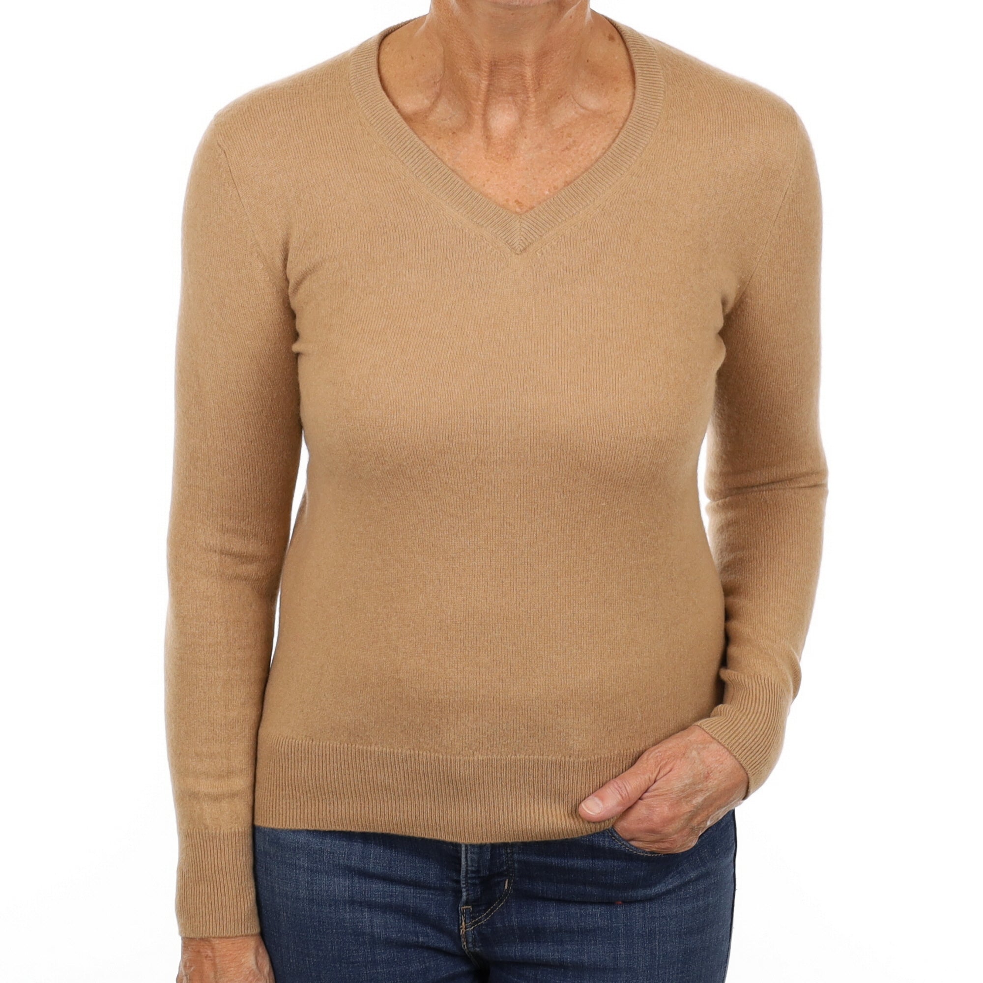 Camel Brown Cashmere V Neck Jumper Medium