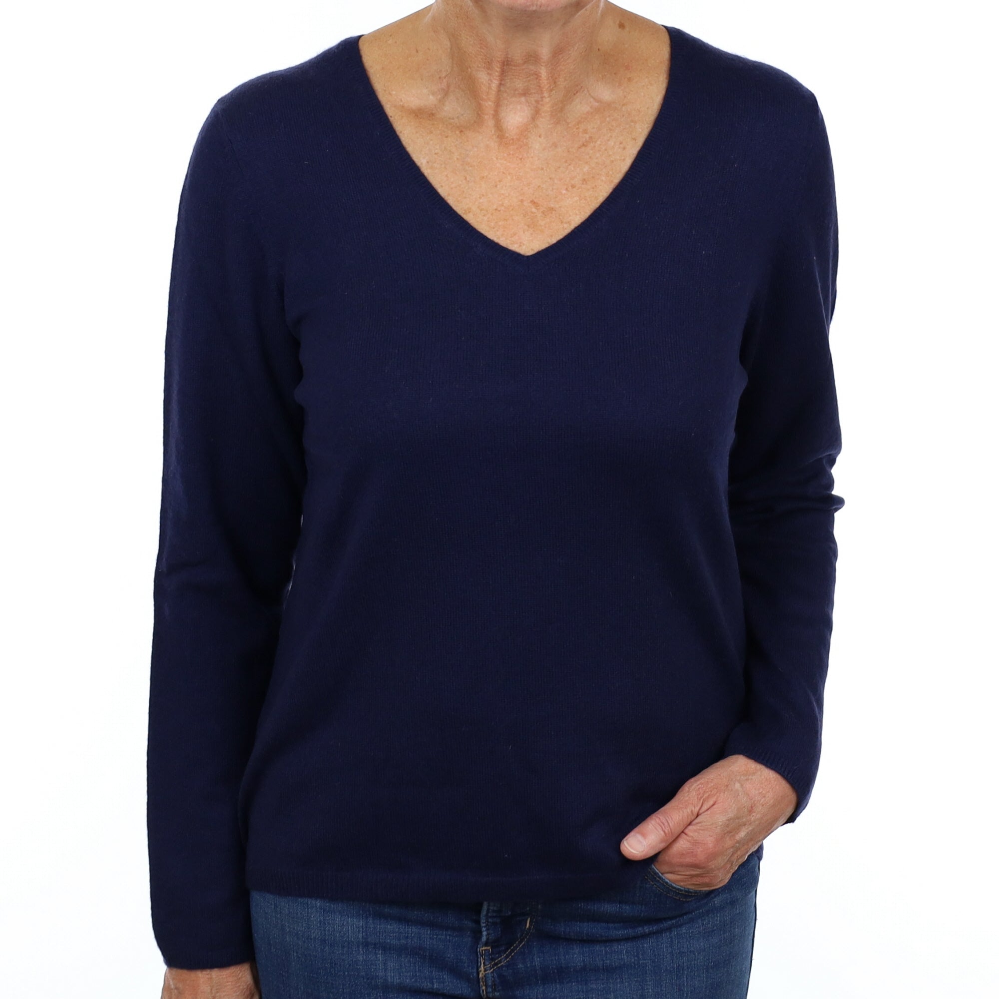 Navy Blue Cashmere V Neck Jumper Medium