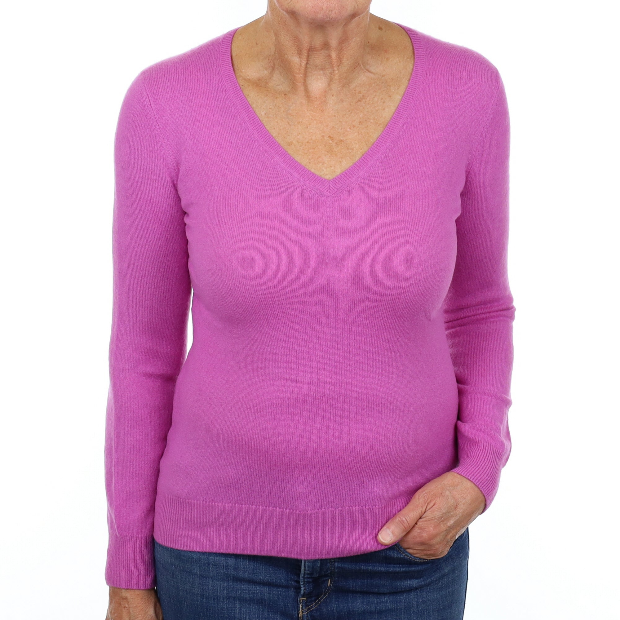 Loganberry Purple Cashmere V Neck Jumper Medium