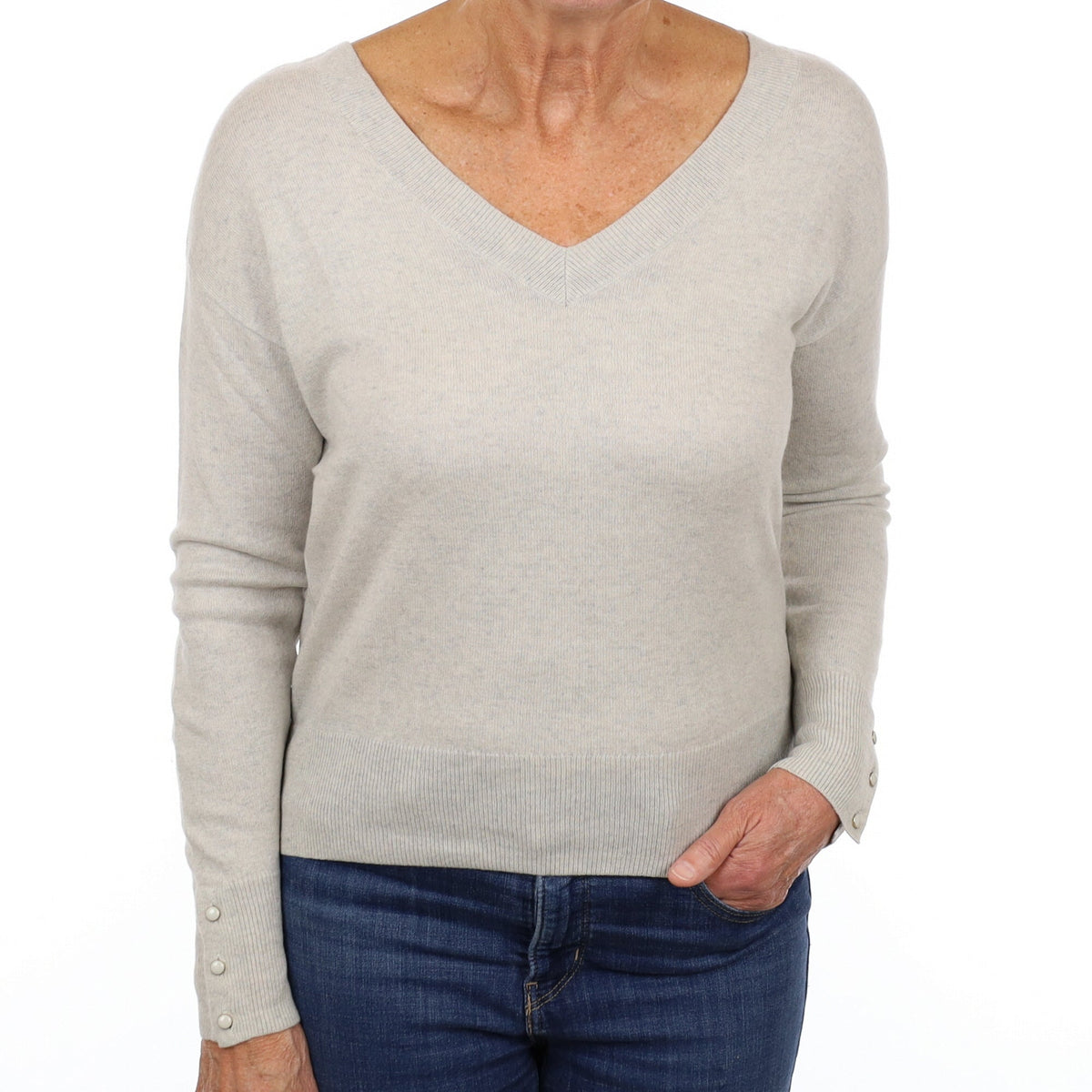 Mist Grey Cashmere V Neck Jumper Medium