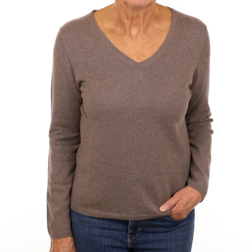 Mocha Brown Cashmere V Neck Jumper Medium