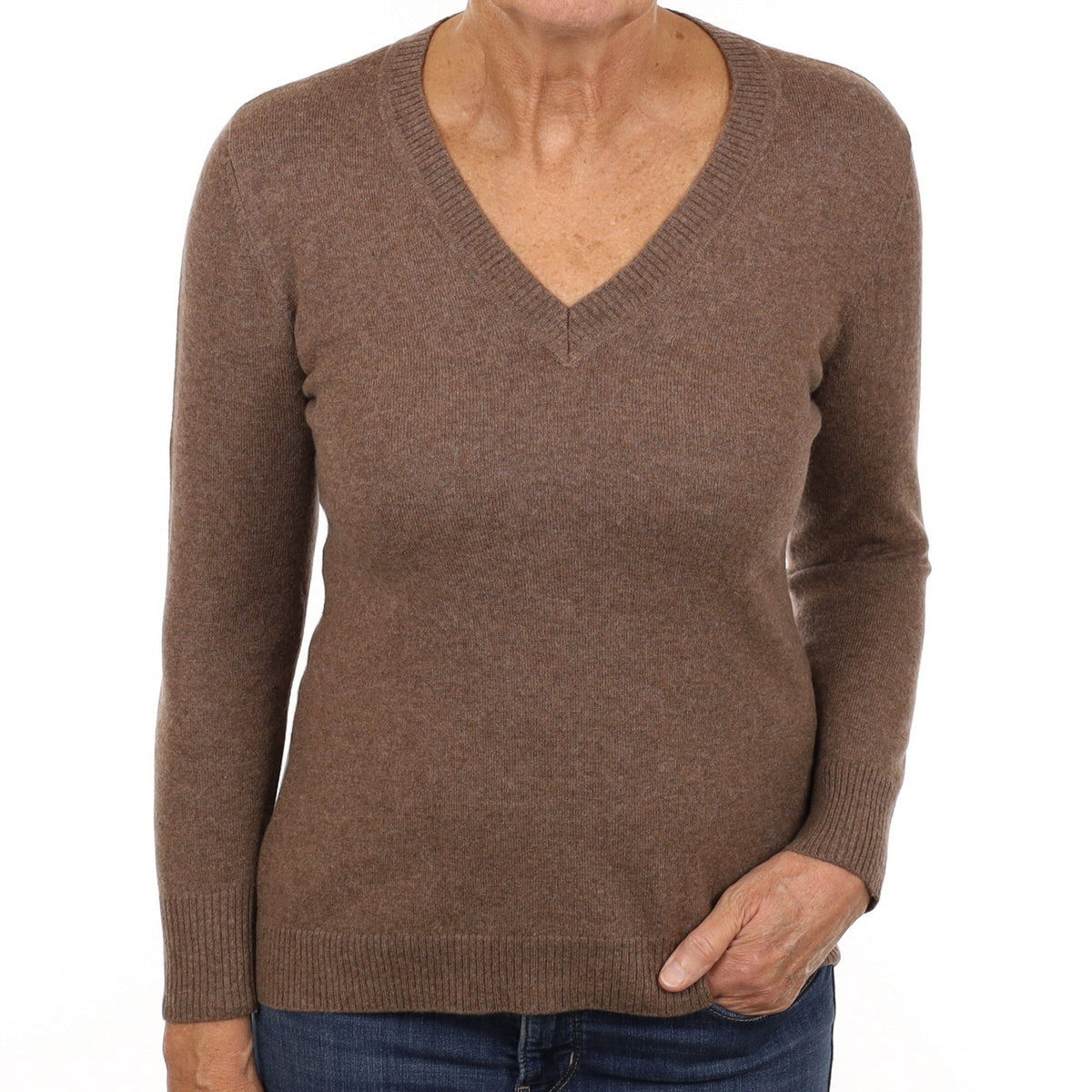 Nutmeg Brown Cashmere V Neck Jumper Medium