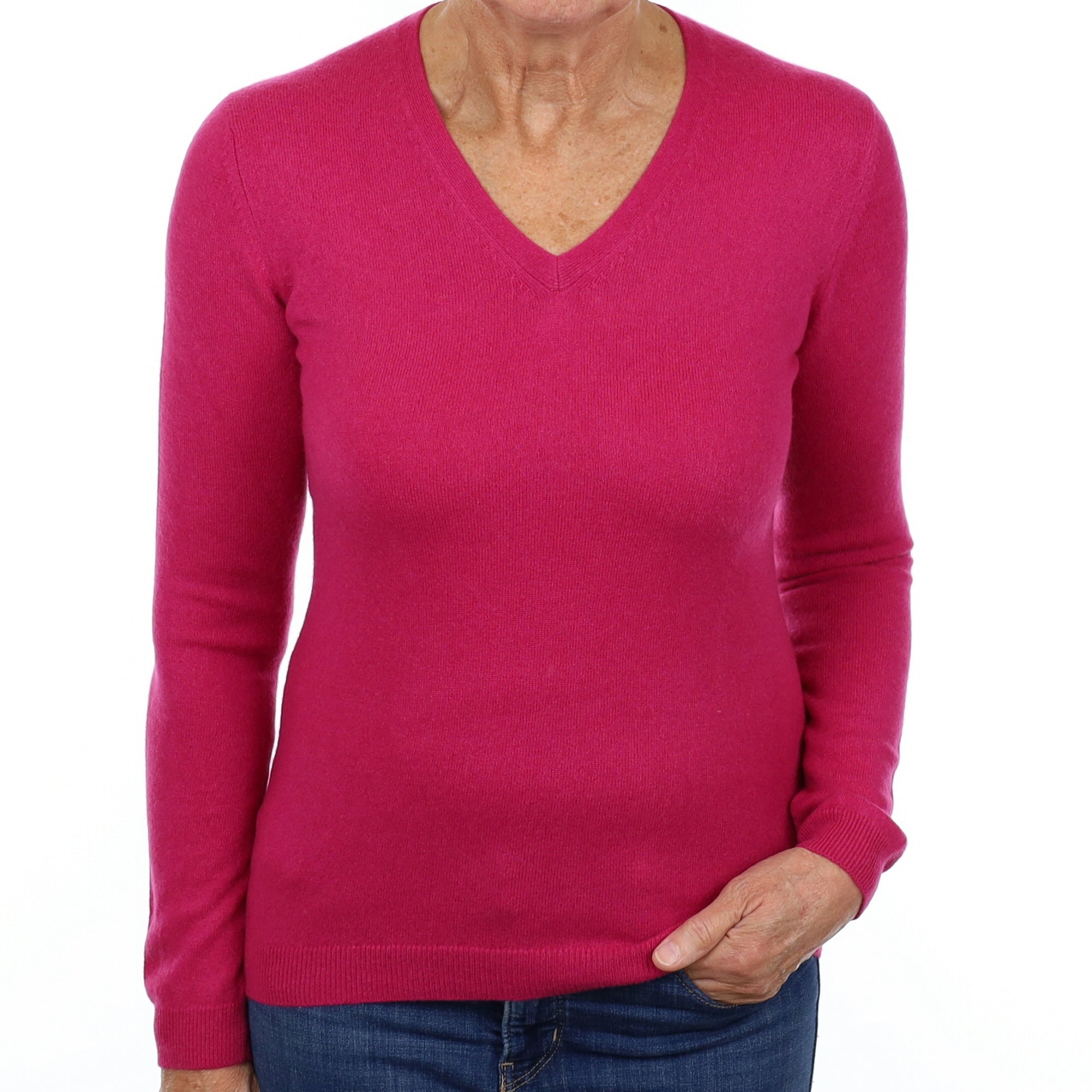 Fuchsia Pink Cashmere V Neck Jumper Medium