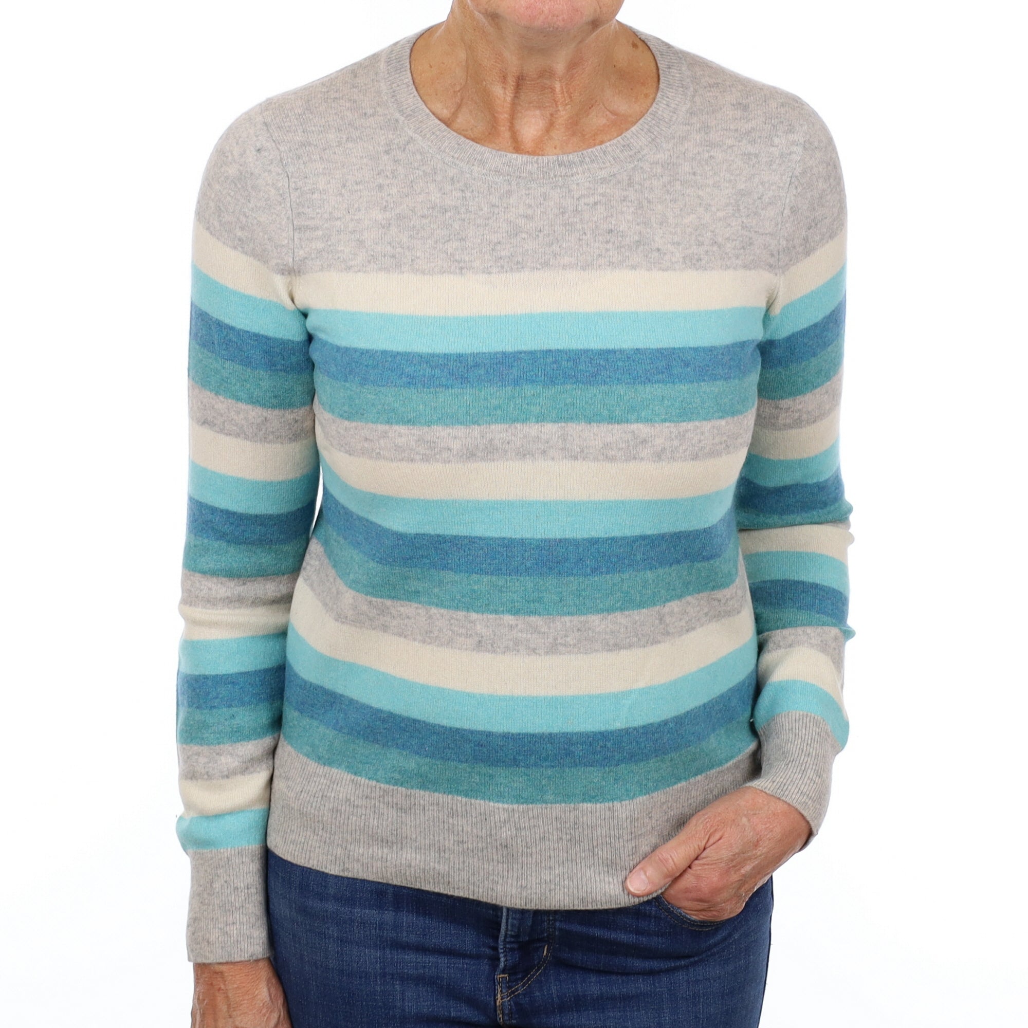 Grey and Aqua Stripe Cashmere Crew Neck Jumper Medium