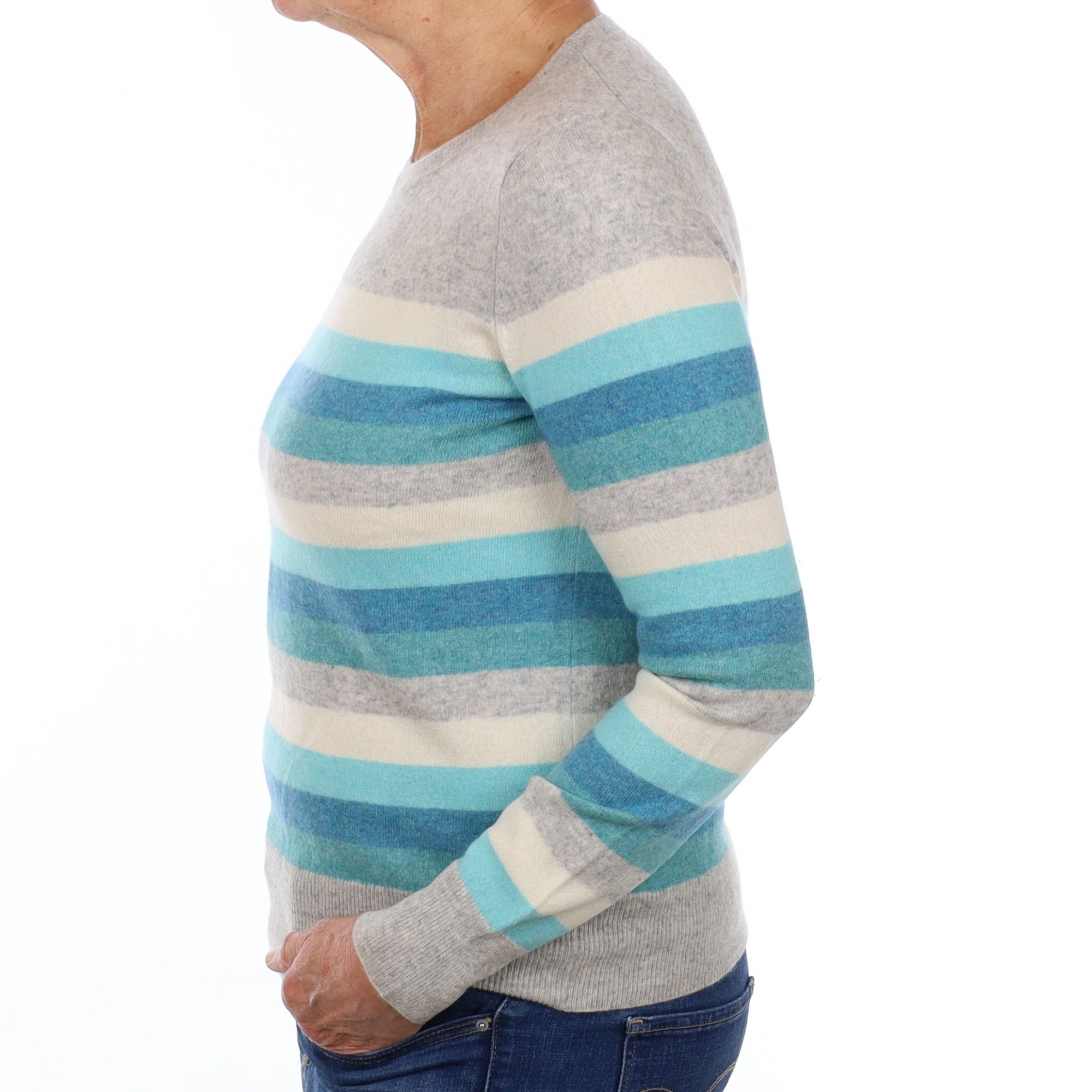 Grey and Aqua Stripe Cashmere Crew Neck Jumper Medium
