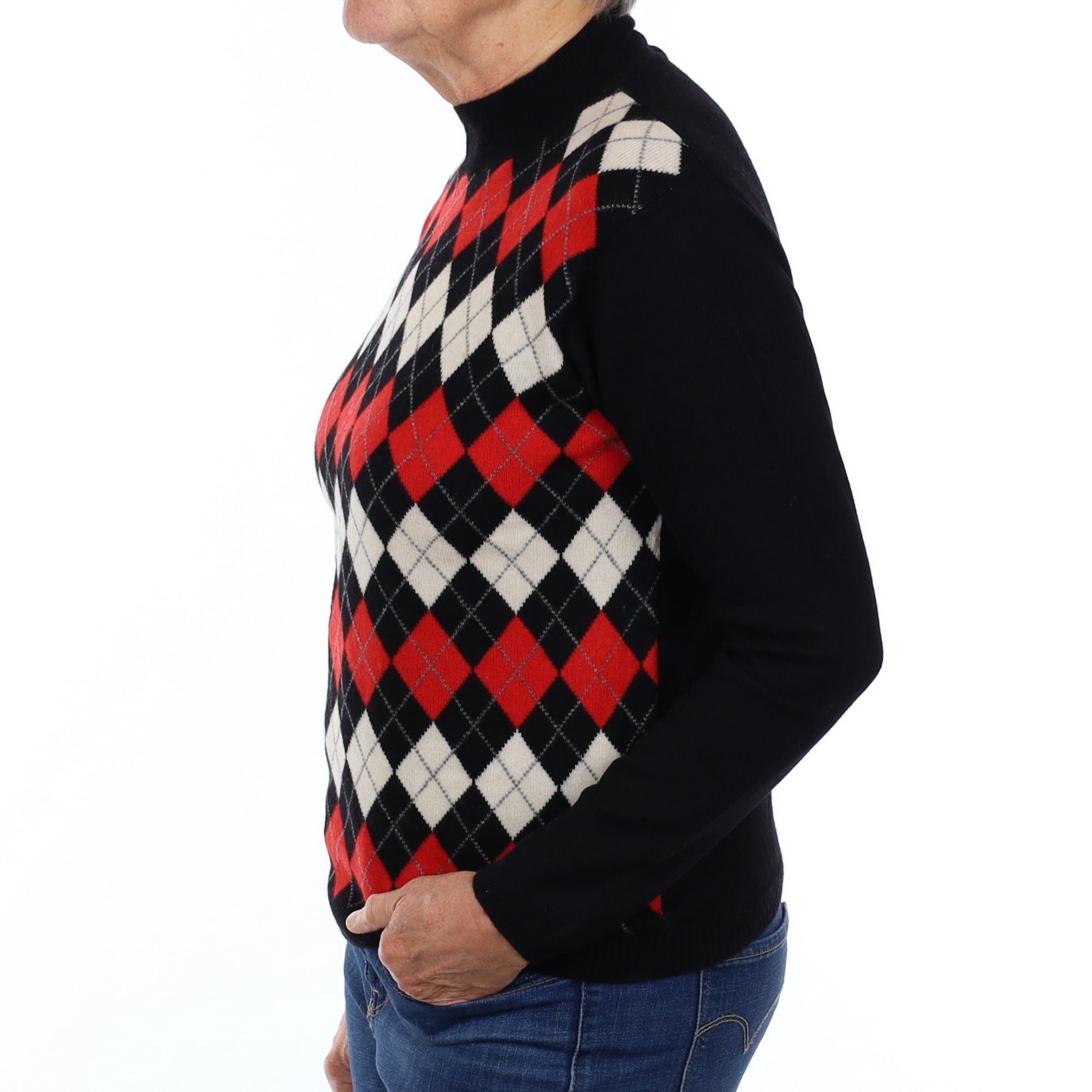 Black and Red Argyle Cashmere Turtle Neck Jumper Medium