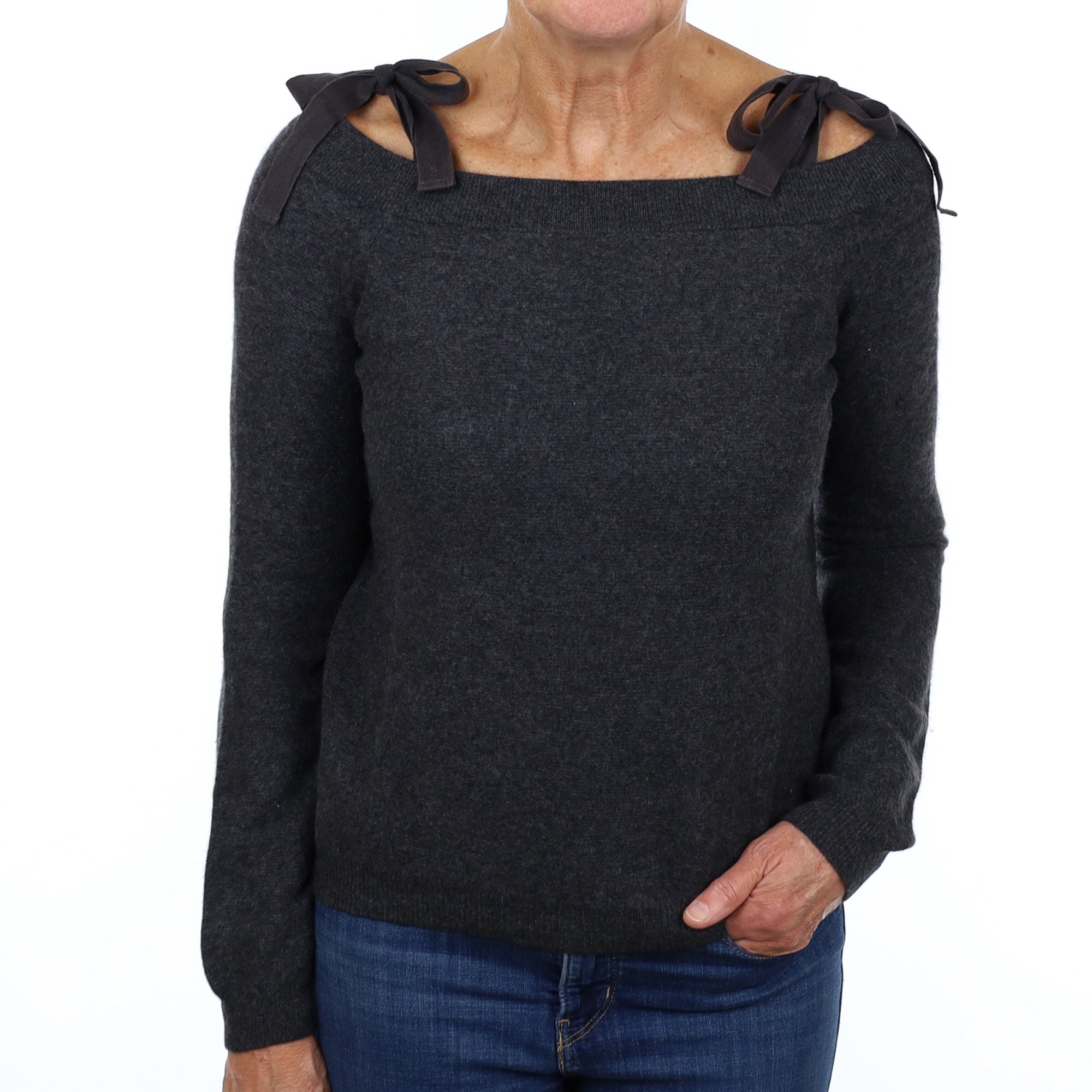 Charcoal Grey Shoulder Tie Cashmere Slash Neck Jumper Medium
