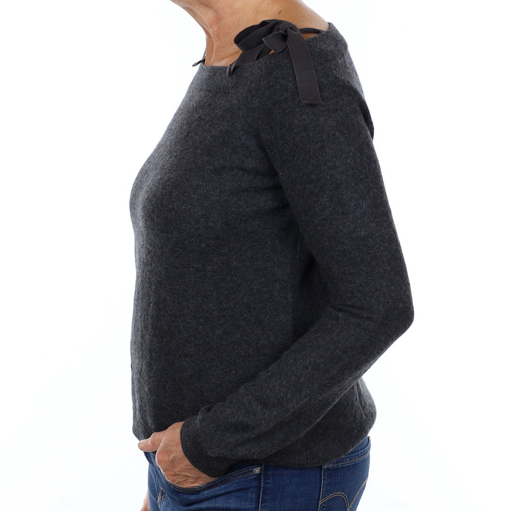Charcoal Grey Shoulder Tie Cashmere Slash Neck Jumper Medium