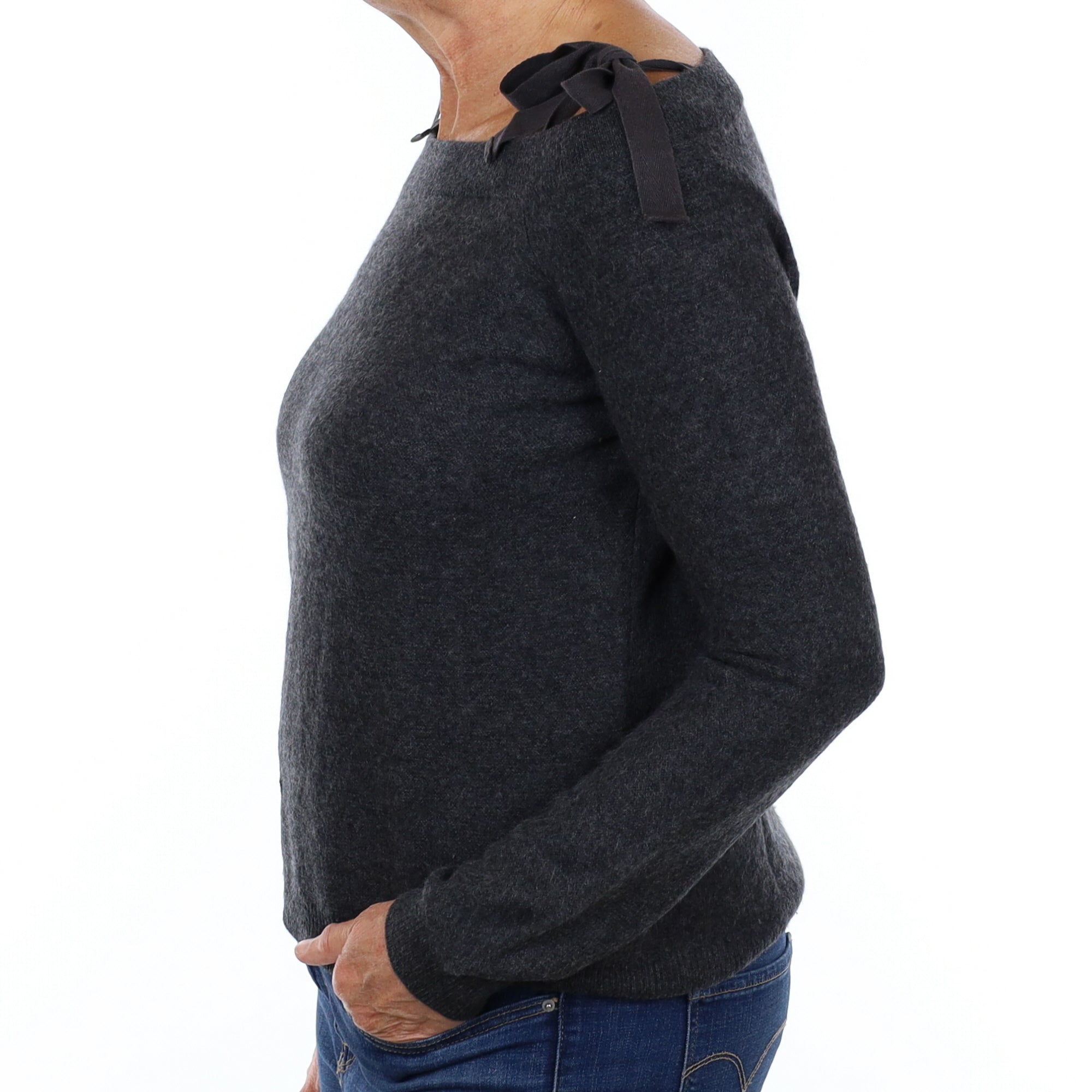 Charcoal Grey Shoulder Tie Cashmere Slash Neck Jumper Medium