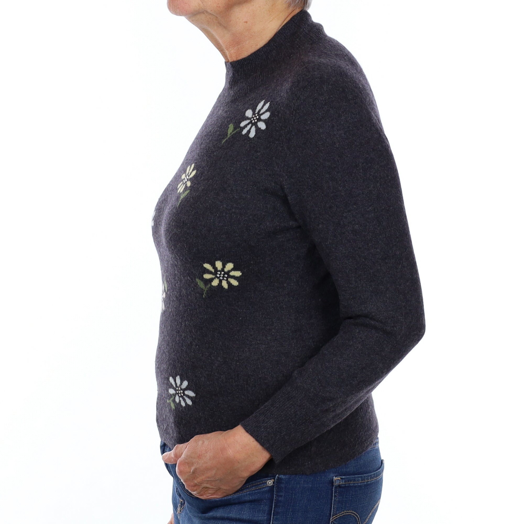 Slate Grey Floral Cashmere Turtle Neck Jumper Medium