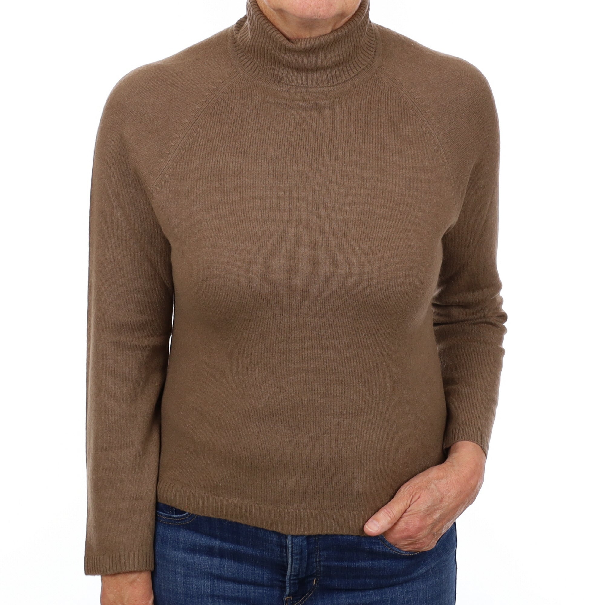 Cookie Dough Brown Cashmere Polo Neck Jumper Medium