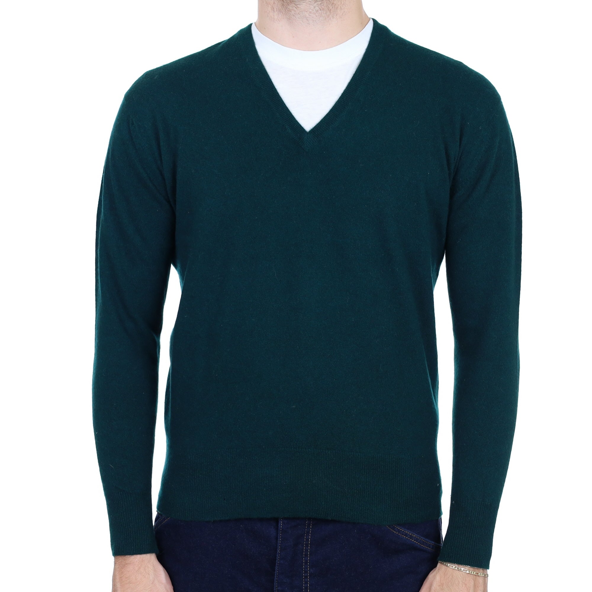 Men's Vintage Scottish Bottle Green Cashmere V Neck Jumper Medium