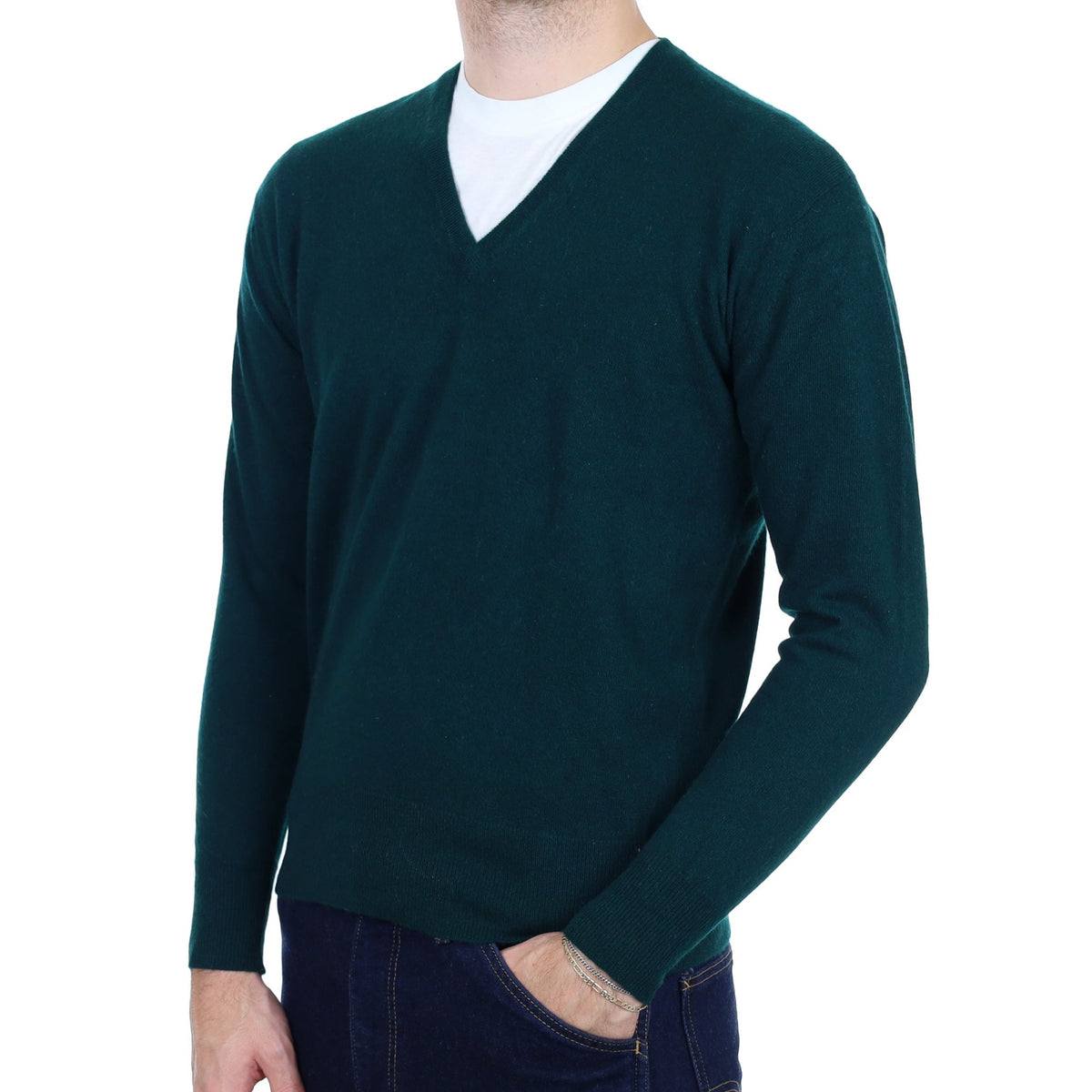 Men's Vintage Scottish Bottle Green Cashmere V Neck Jumper Medium