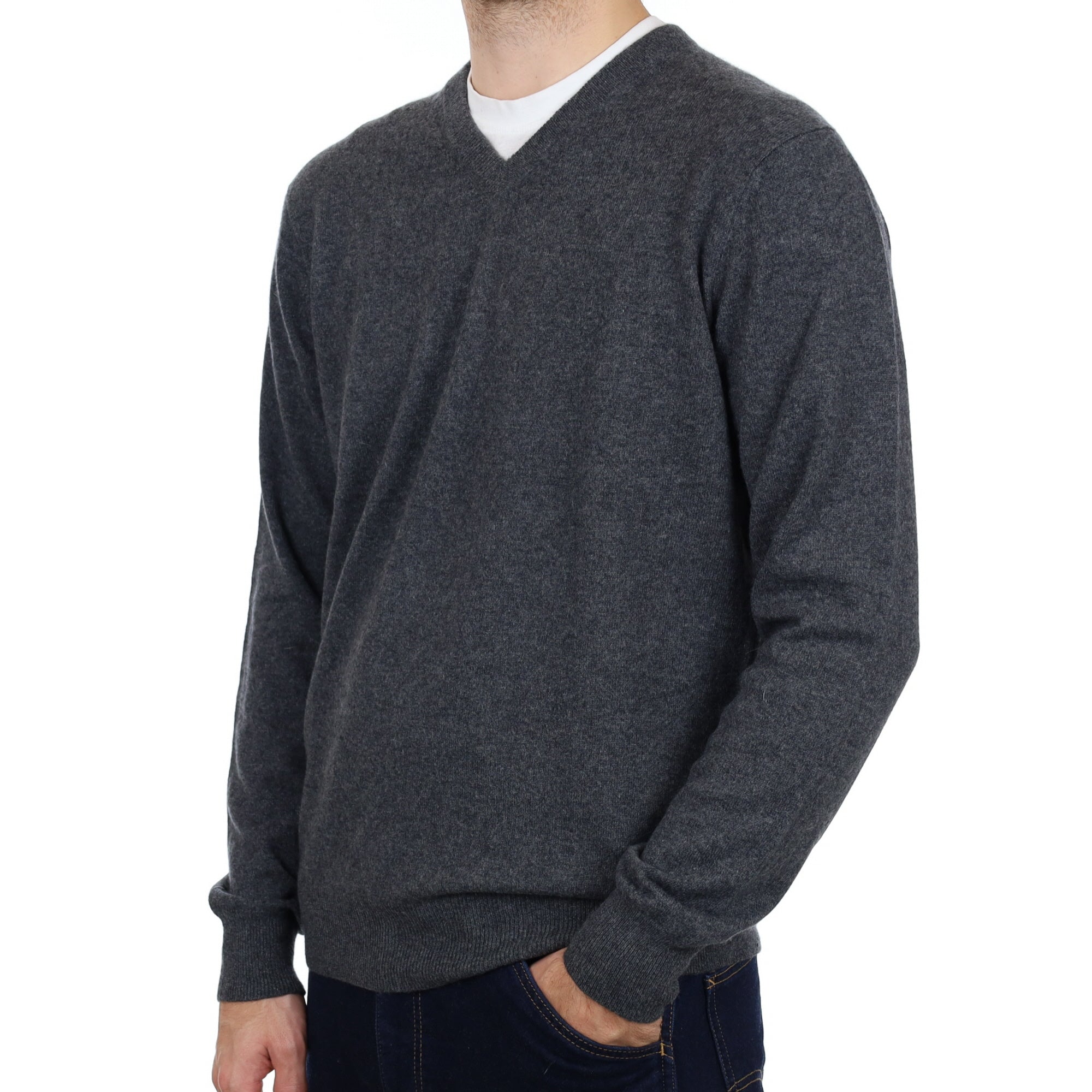 Men's Charcoal Grey Cashmere V Neck Jumper Large