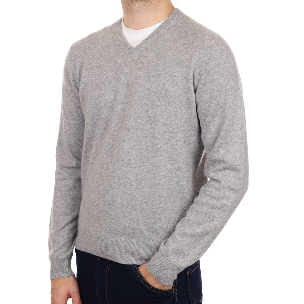 Men's Smoke Grey Cashmere V Neck Jumper Large