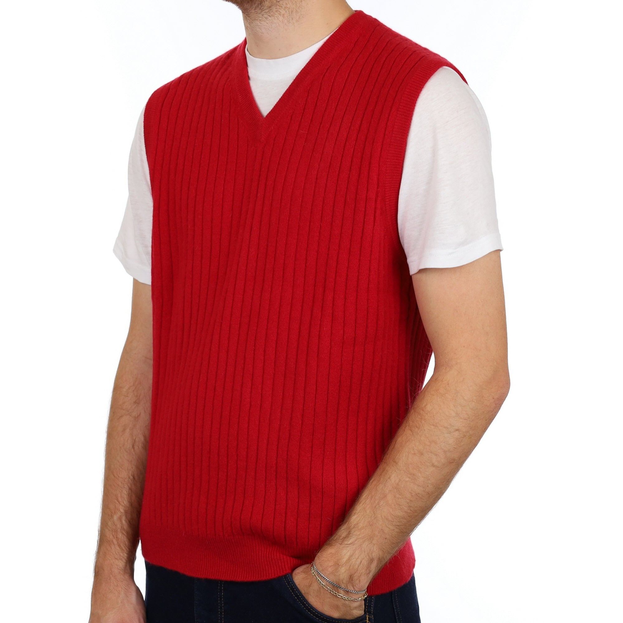 Men's Crimson Red Cashmere V Neck Sleeveless Ribbed Knit Jumper Large