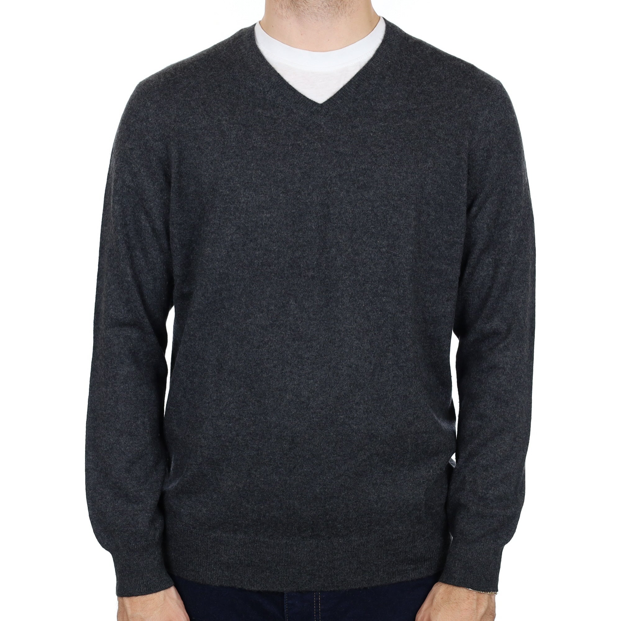 Men's Charcoal Grey Cashmere V Neck Jumper Large