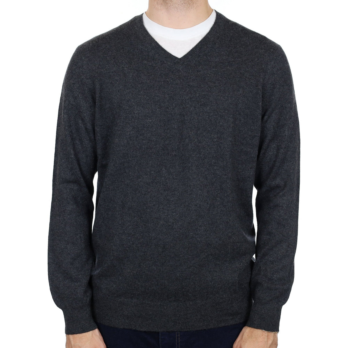 Men's Charcoal Grey Cashmere V Neck Jumper Large