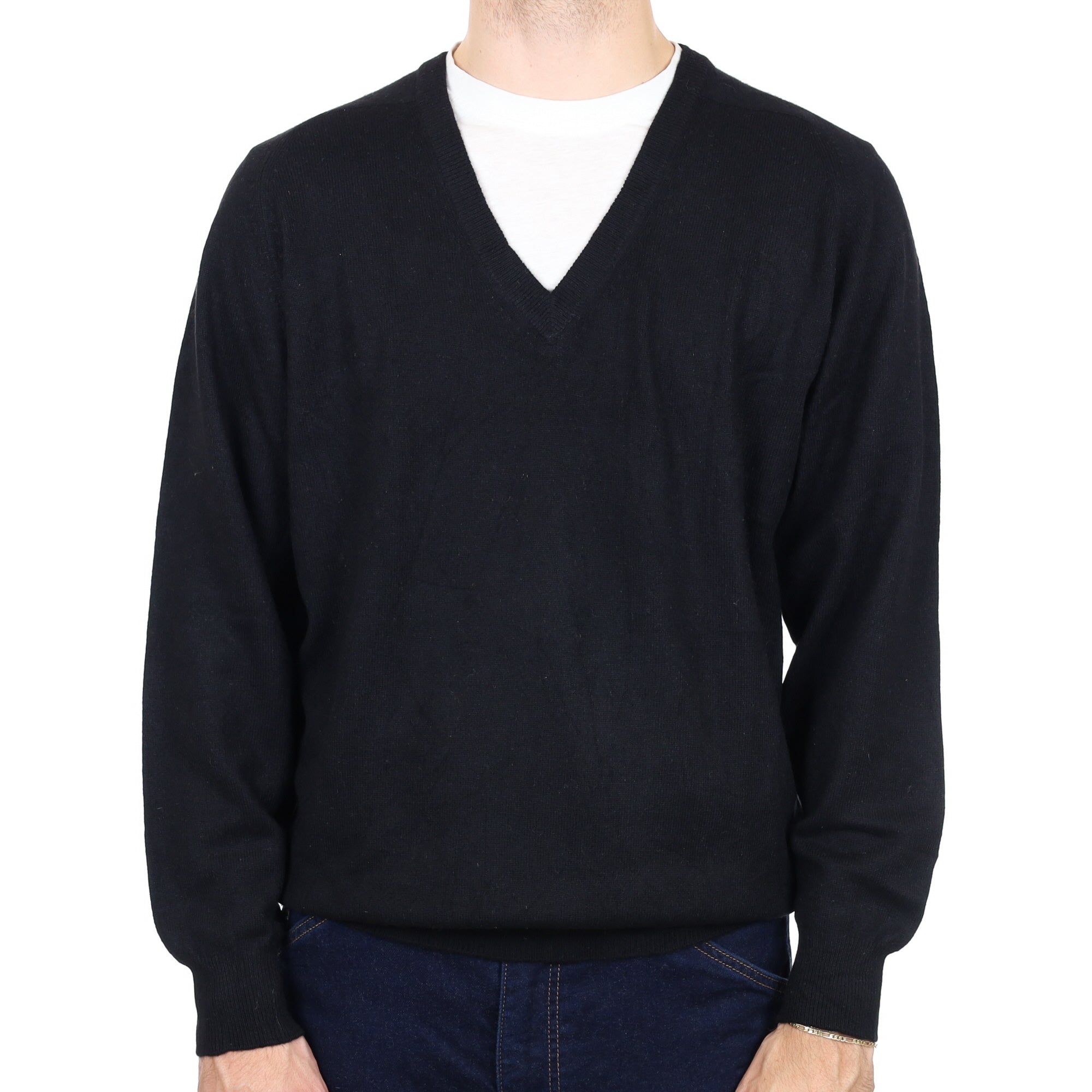 Men's Black Cashmere V Neck Jumper Large