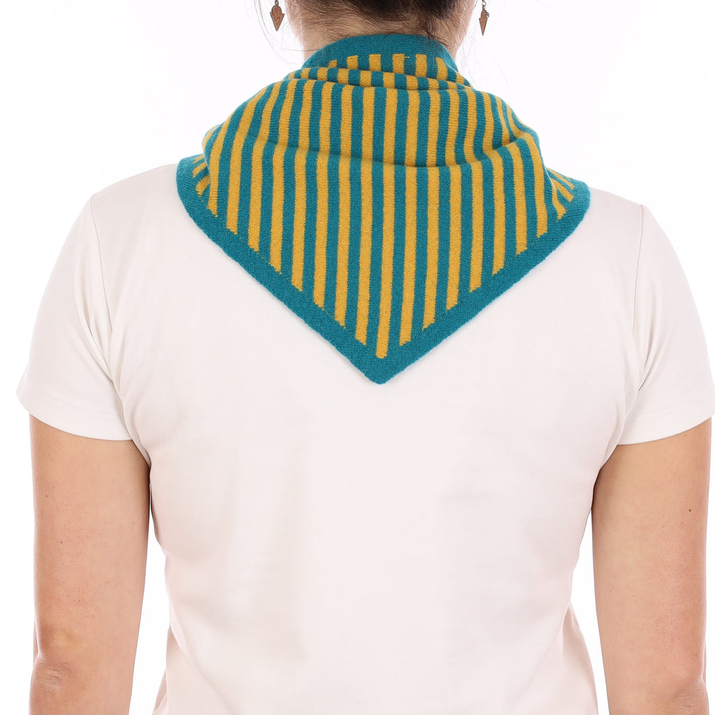 Brand New Teal and Mustard Striped Recycled Cashmere Triangle Scarf