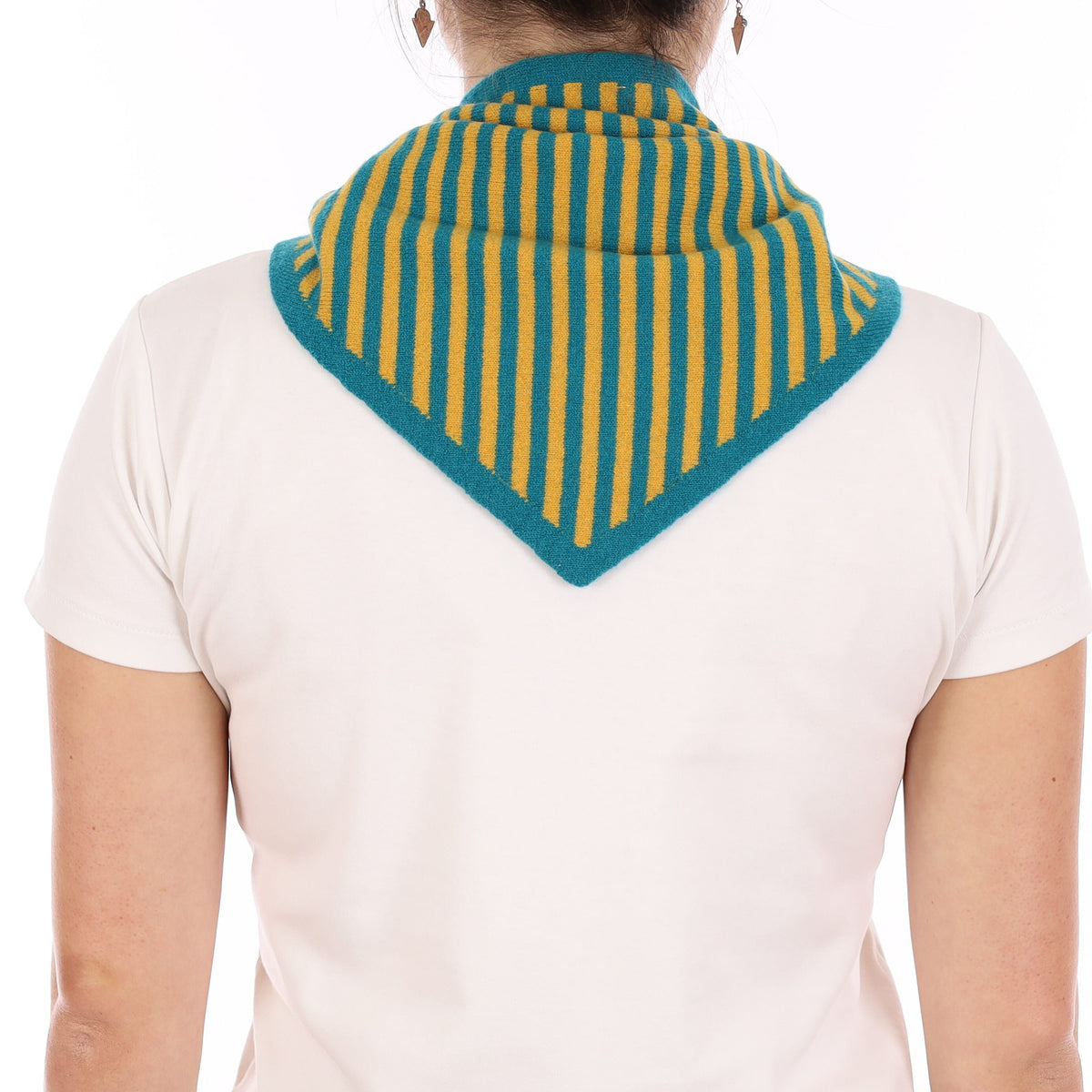Brand New Teal and Mustard Striped Recycled Cashmere Triangle Scarf