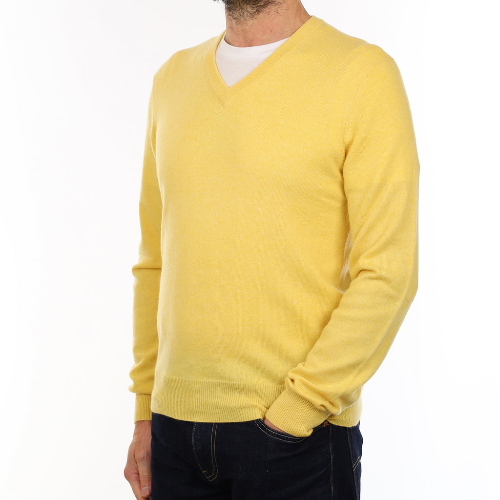 Men's Primrose Yellow Cashmere V Neck Jumper Small