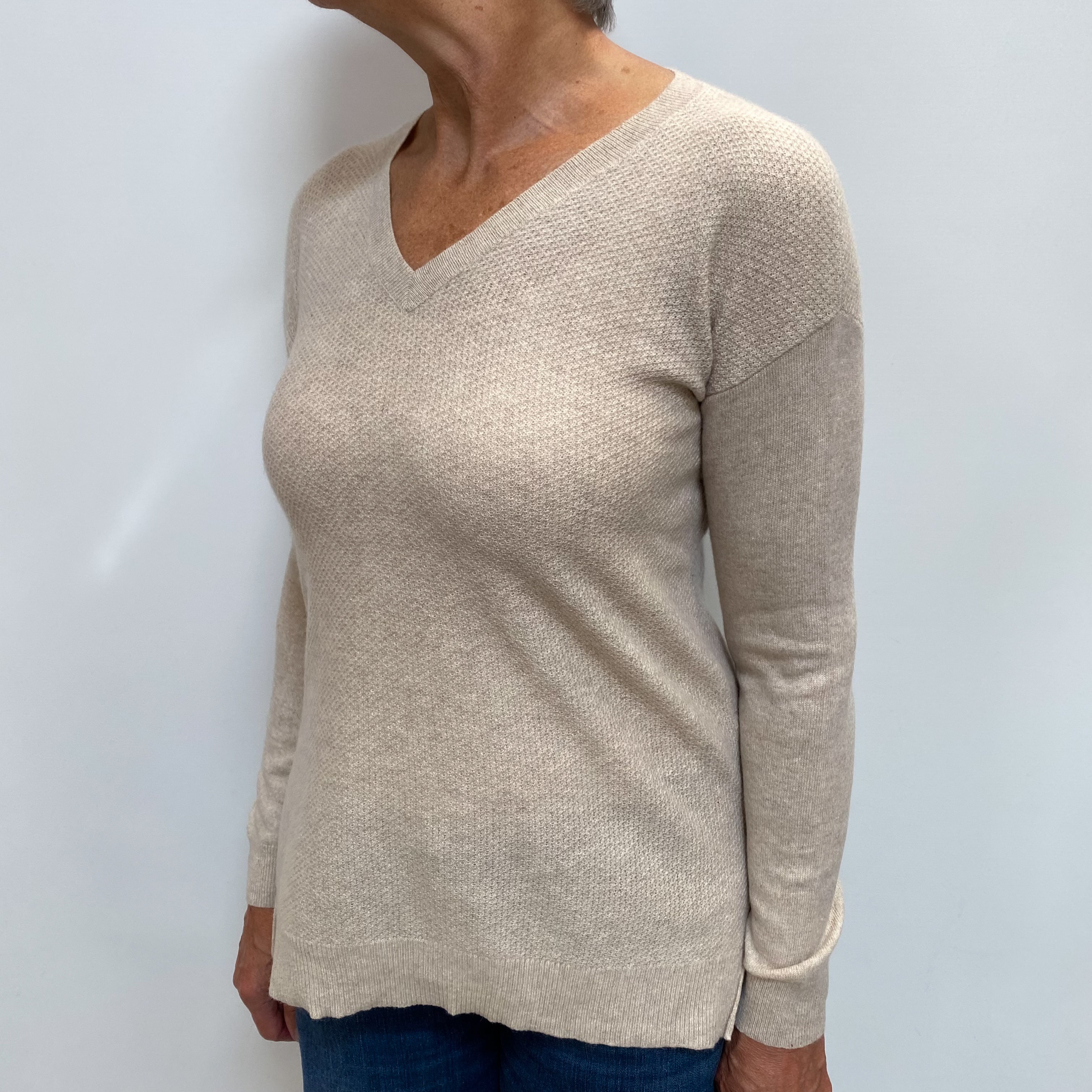 Oatmeal Beige Cashmere V Neck Jumper Medium