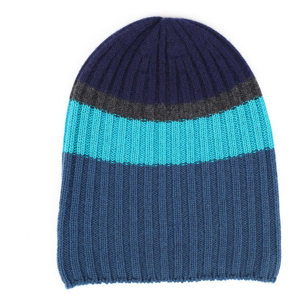 Begg & Co Scottish Blue Stripe Chunky Cashmere Beanie Hat