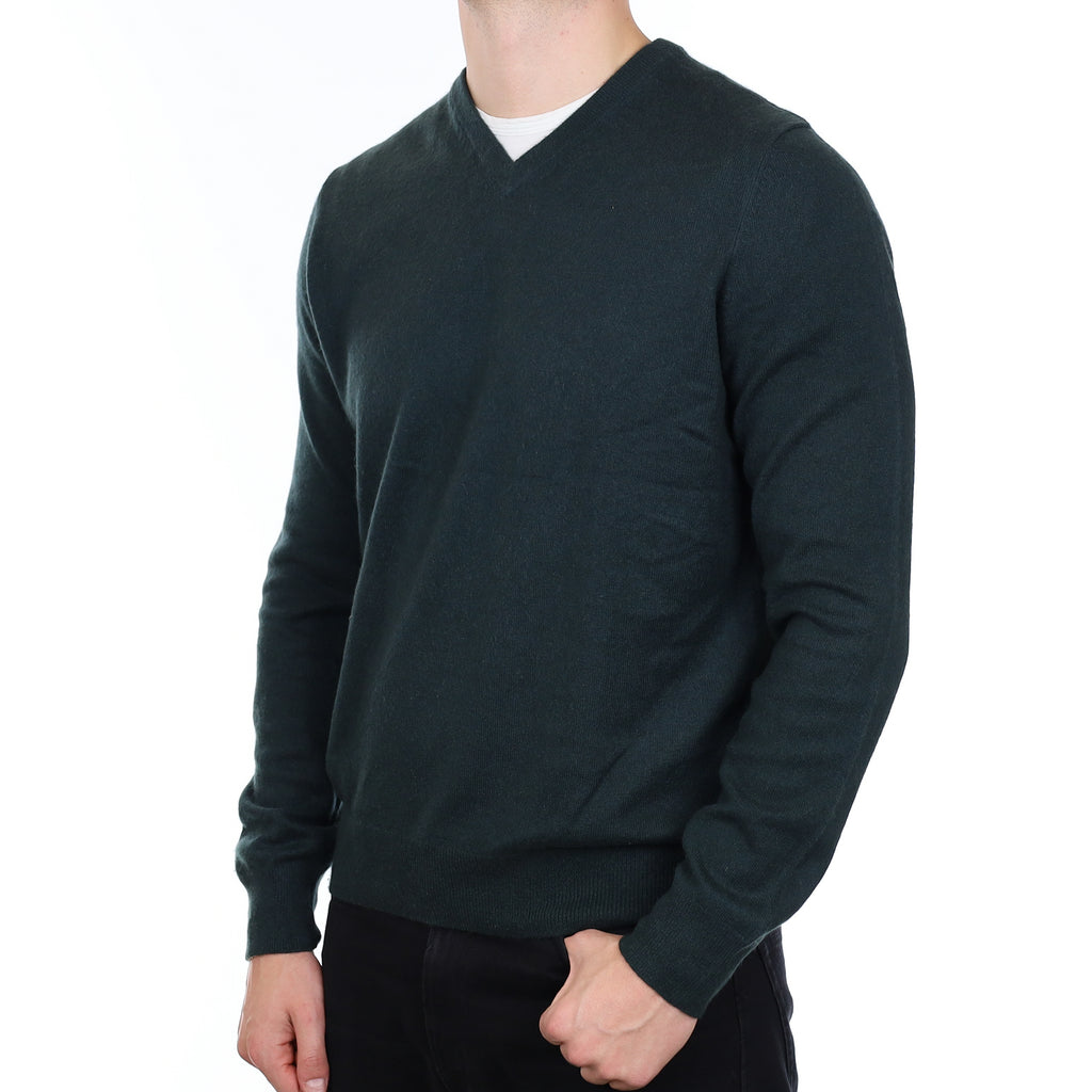 Men’s Deepest Green Cashmere V Neck Jumper Extra Large