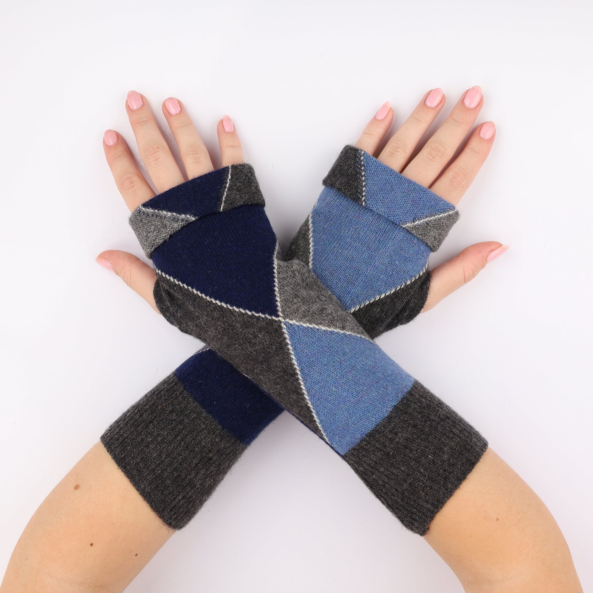Grey and Blue Diamond Fingerless Gloves