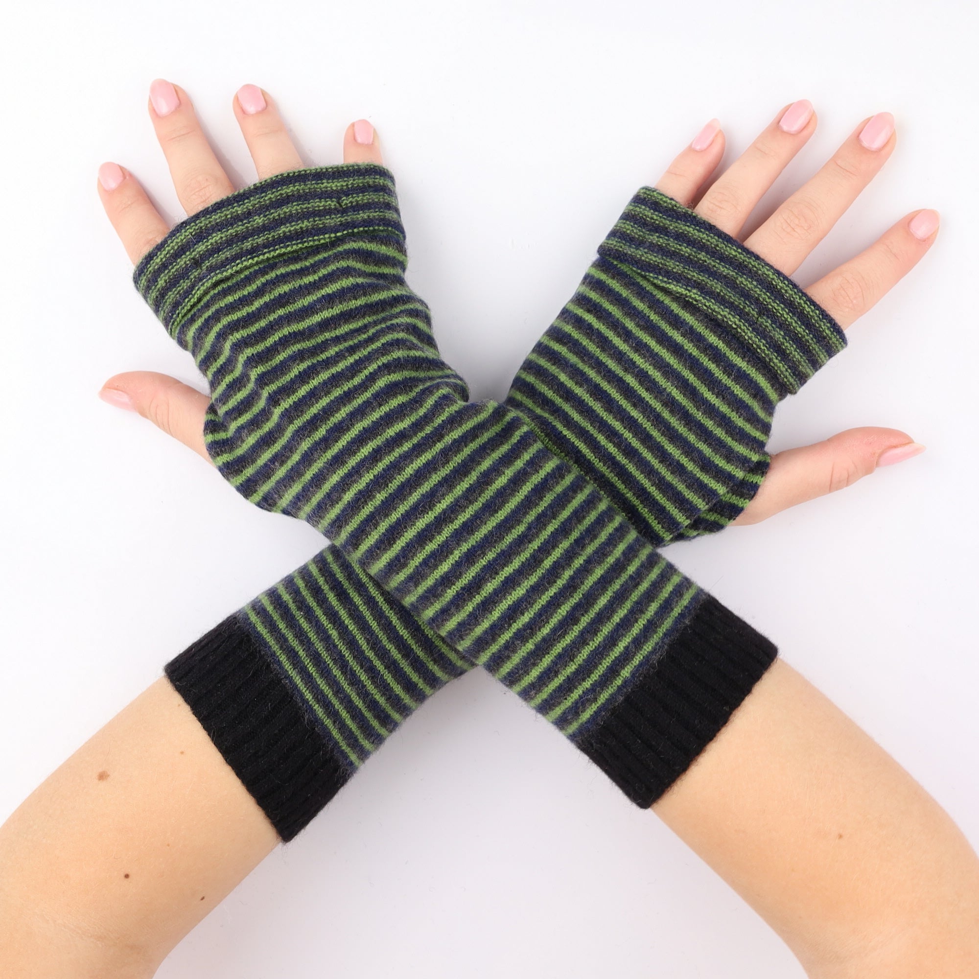 Blue and Green Stripe Fingerless Gloves
