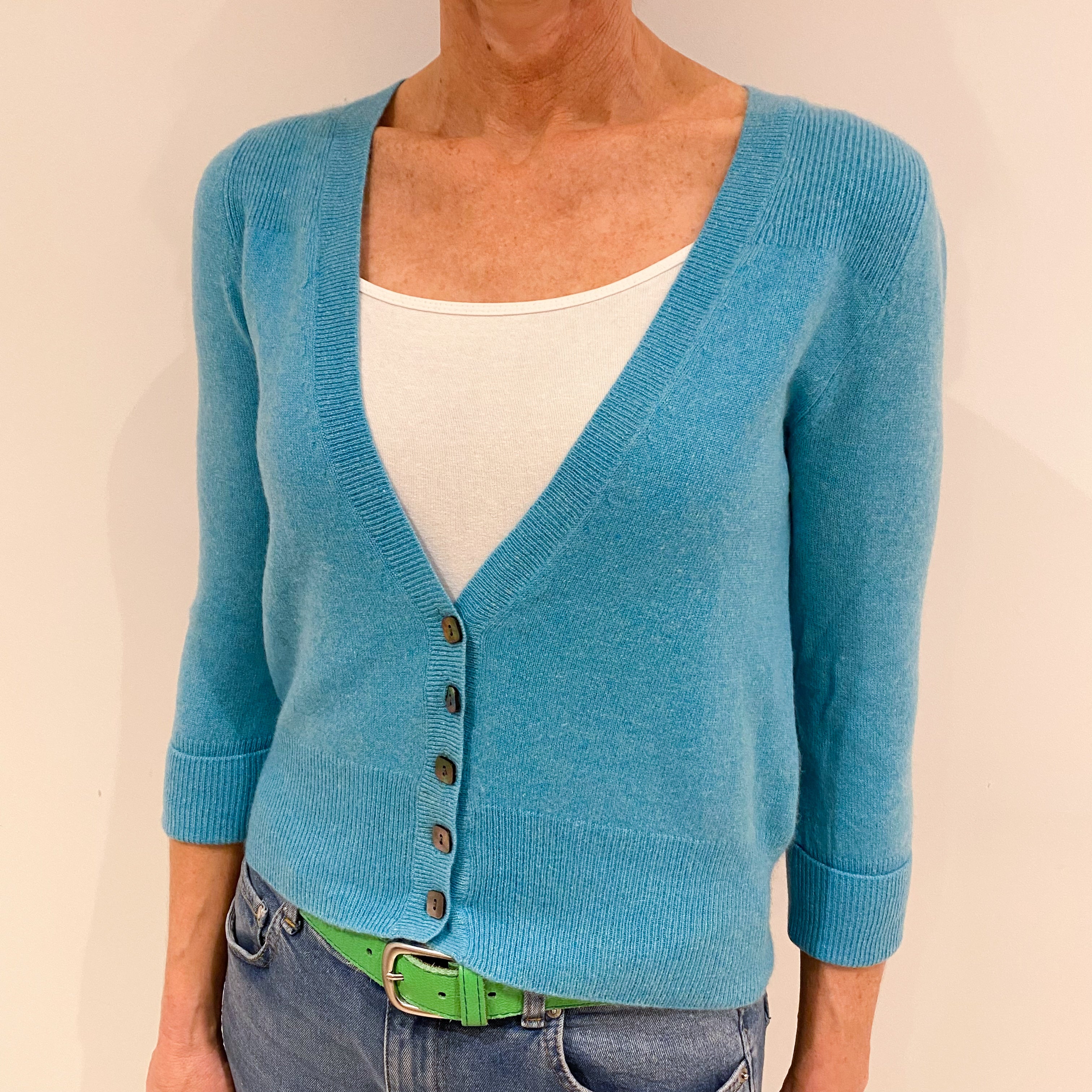 Turquoise Blue Deep V-Neck Cashmere Cardigan Small