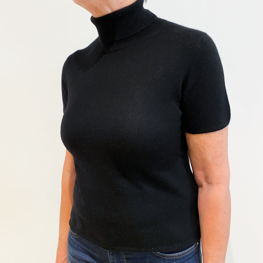 Black Cashmere Short Sleeve Polo Neck Jumper Medium