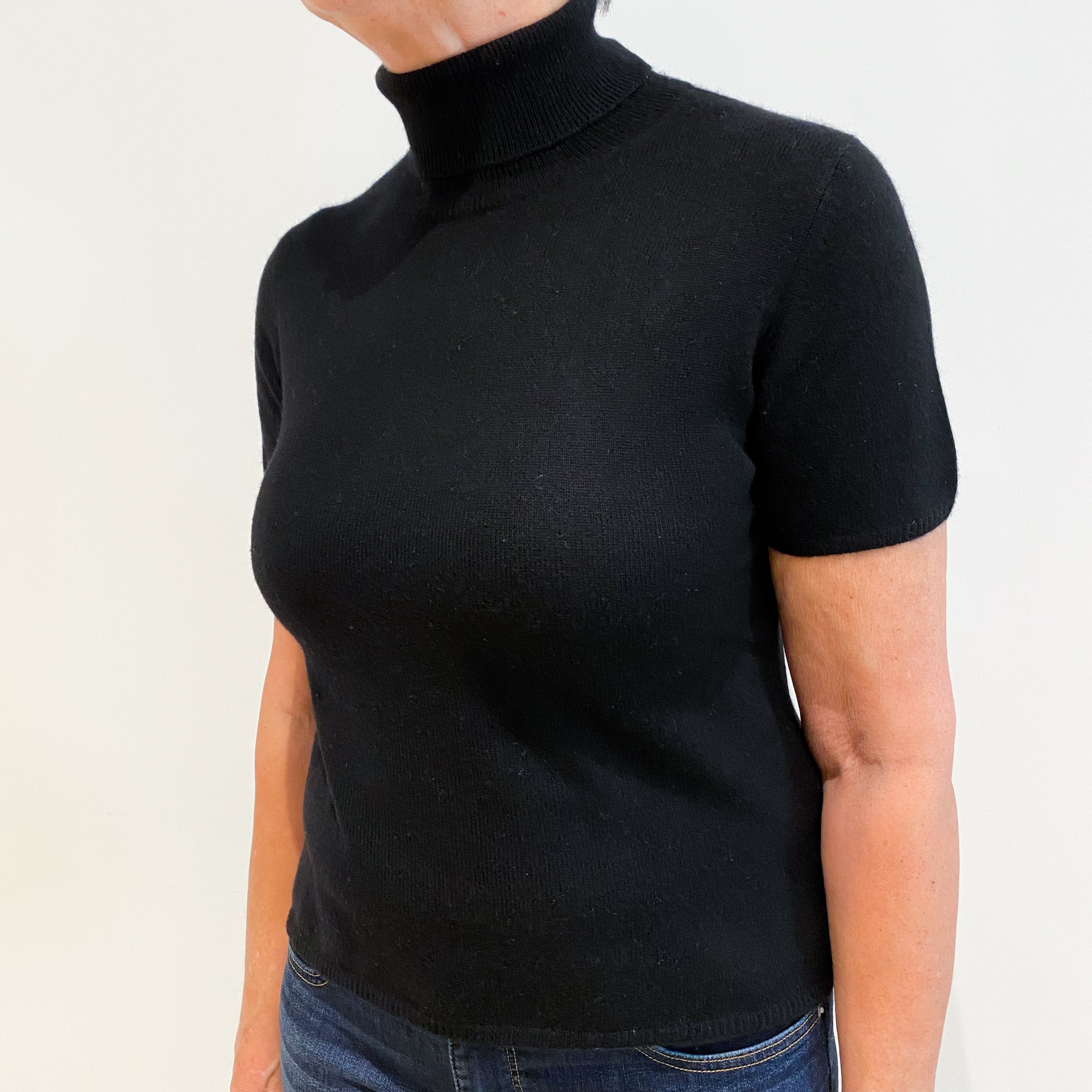 Black Cashmere Short Sleeve Polo Neck Jumper Medium