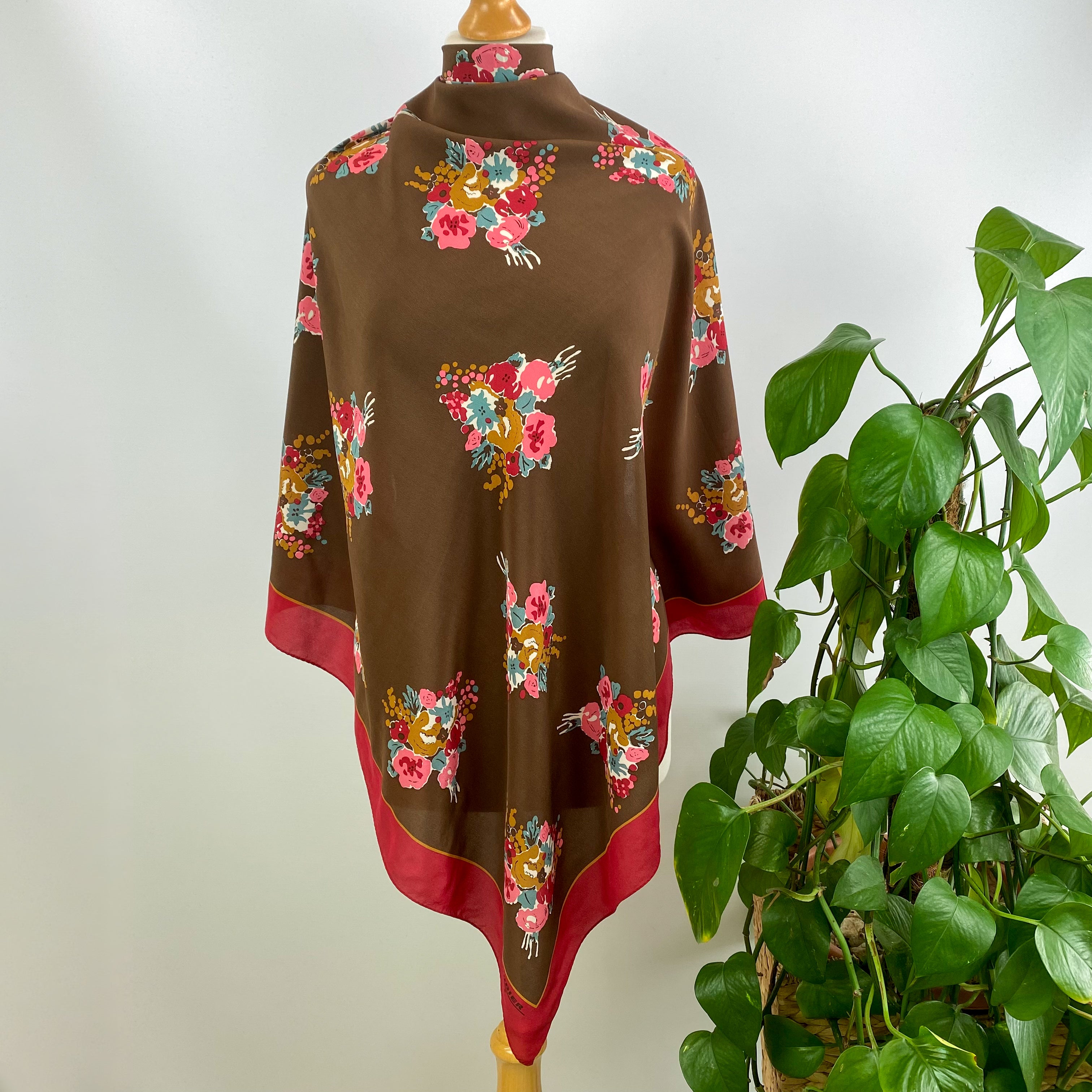 Rodier Floral On Dark Brown Vintage Silk Scarf