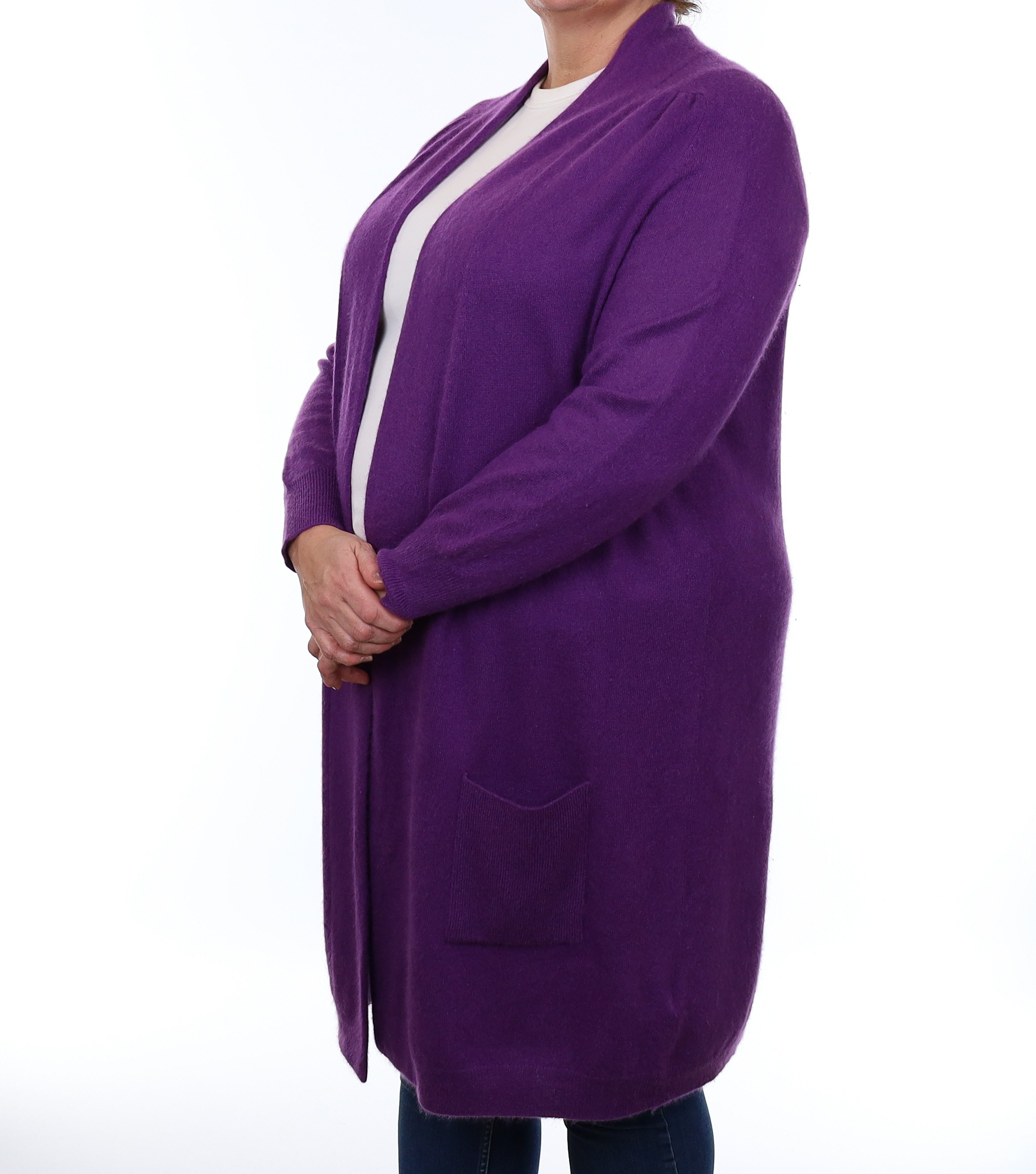 Violet Purple Cashmere Longline Edge to Edge Cardigan with Pockets Extra Large