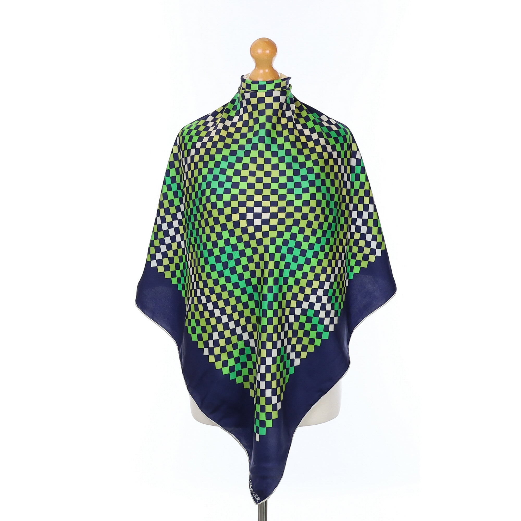 Jaeger Navy and Green Check Vintage Silk Scarf
