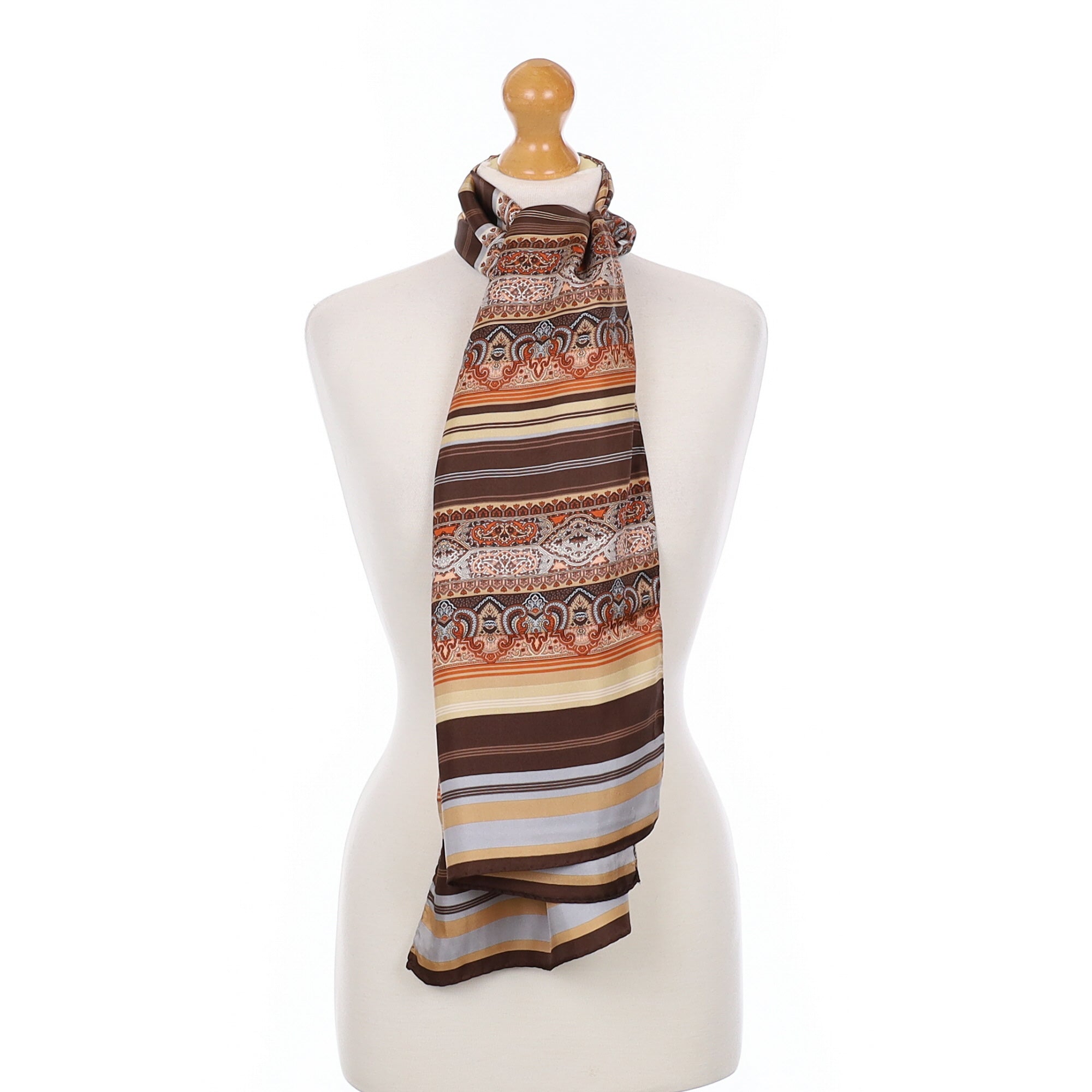Brand New Brown Paisley Stripe Silk Scarf