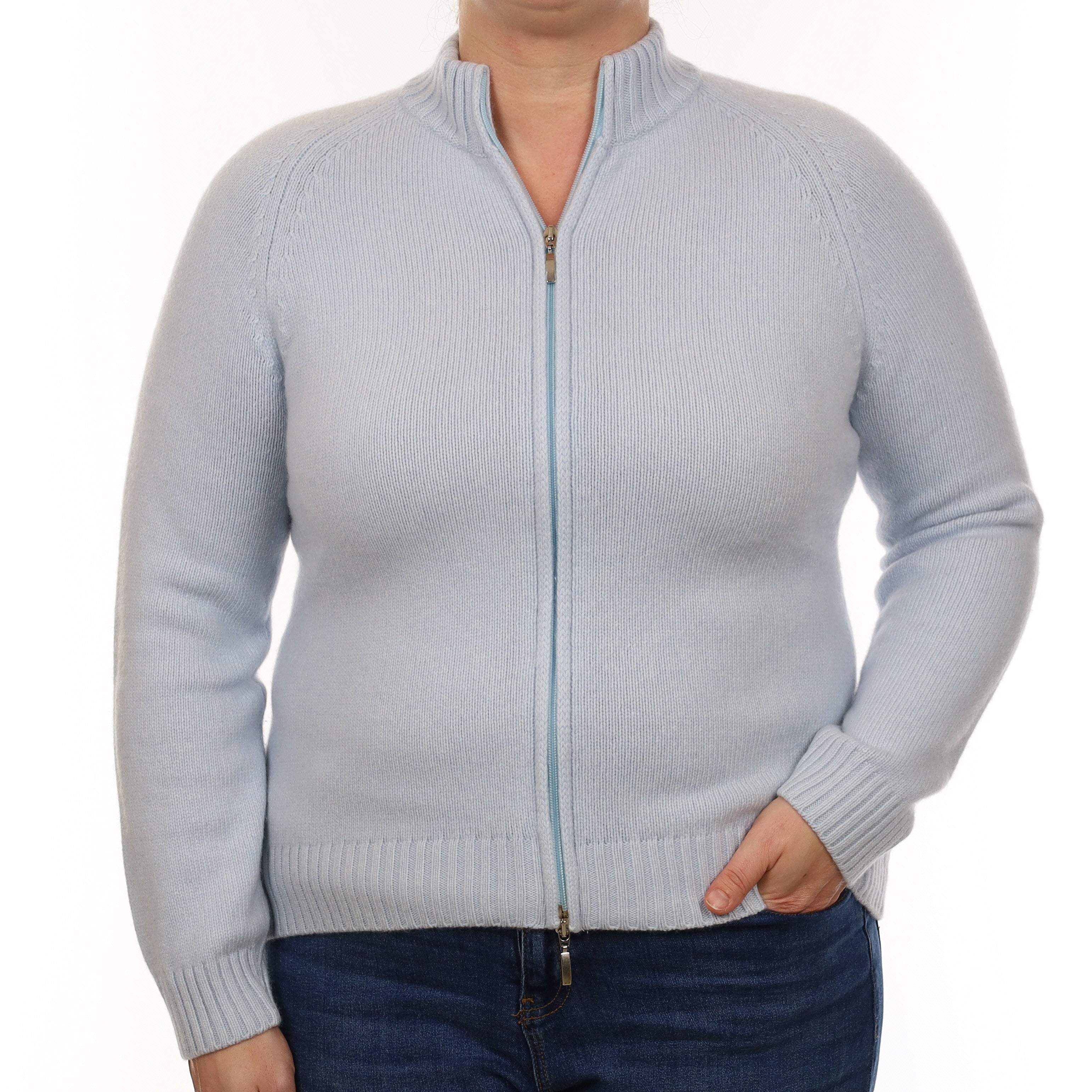 Ice Blue Chunky Knit Cashmere Zip Up Cardigan Large