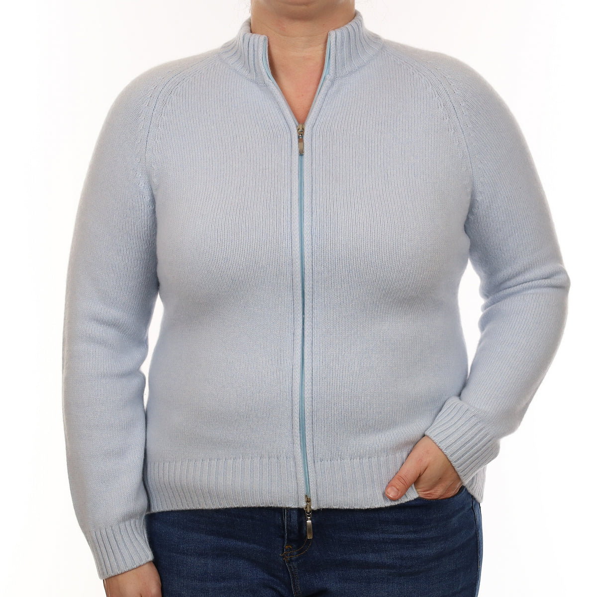 Ice Blue Chunky Knit Cashmere Zip Up Cardigan Large