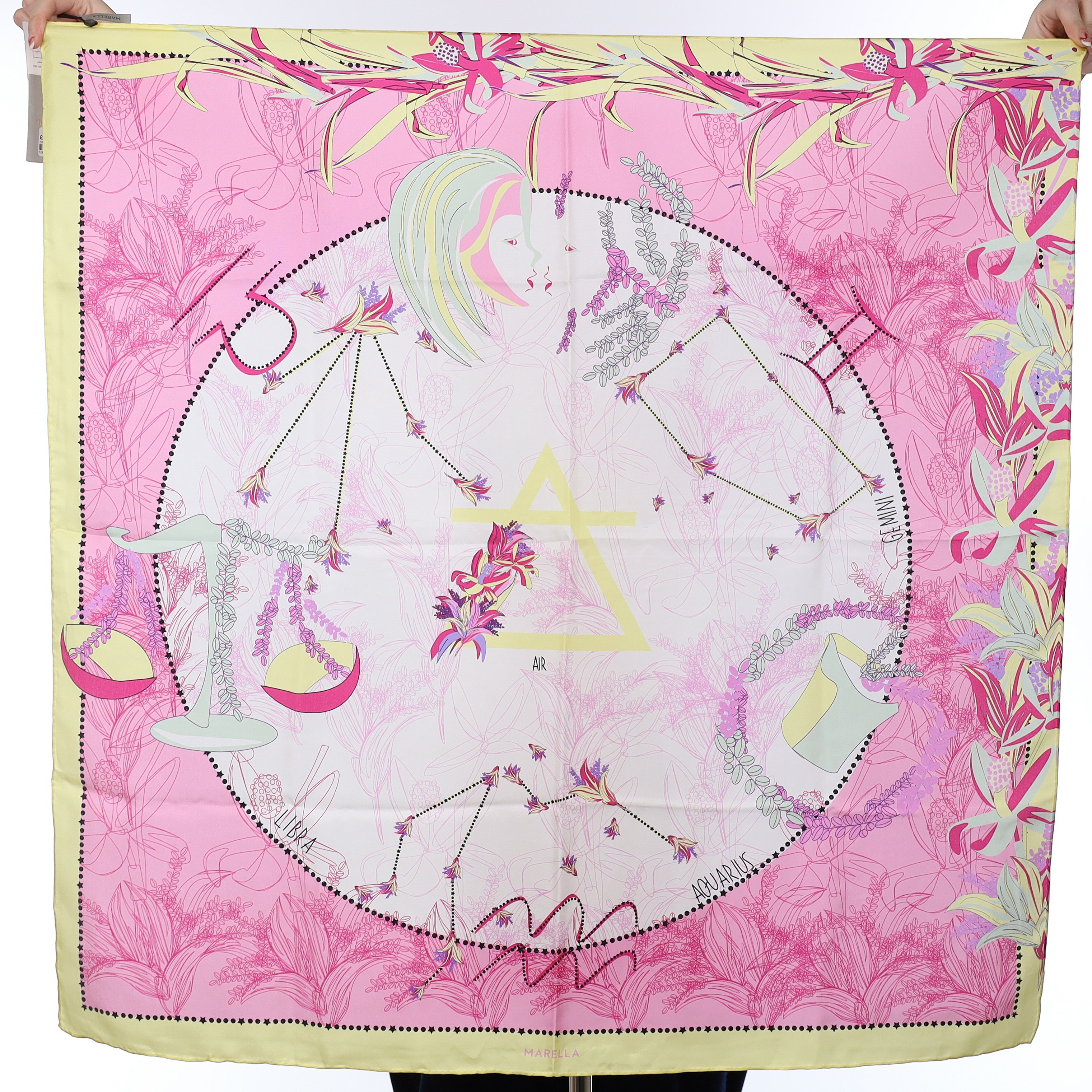 Brand New Marella Pink And Yellow Zodiac Design Silk Scarf