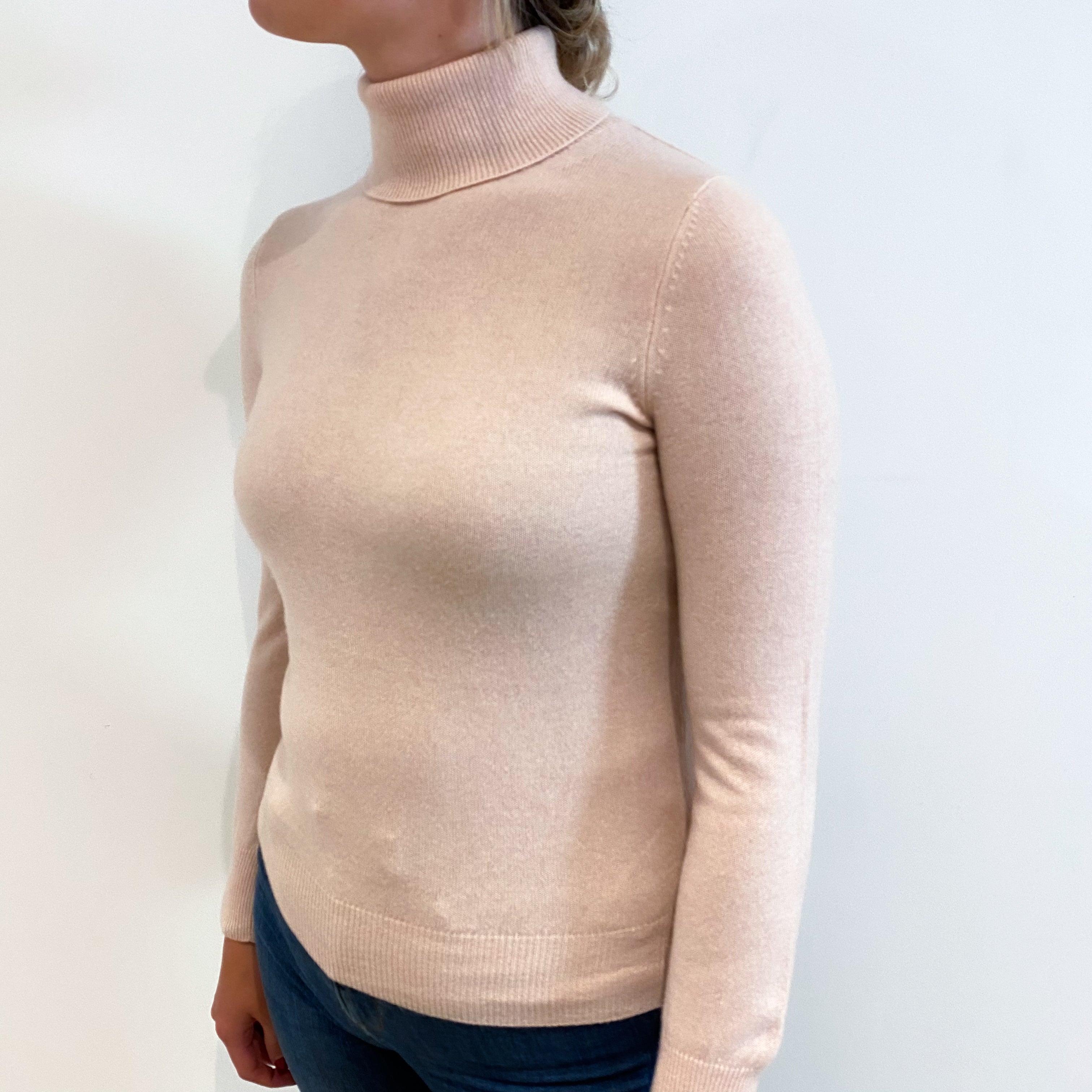 Shell Pink Cashmere Polo Neck Jumper Small