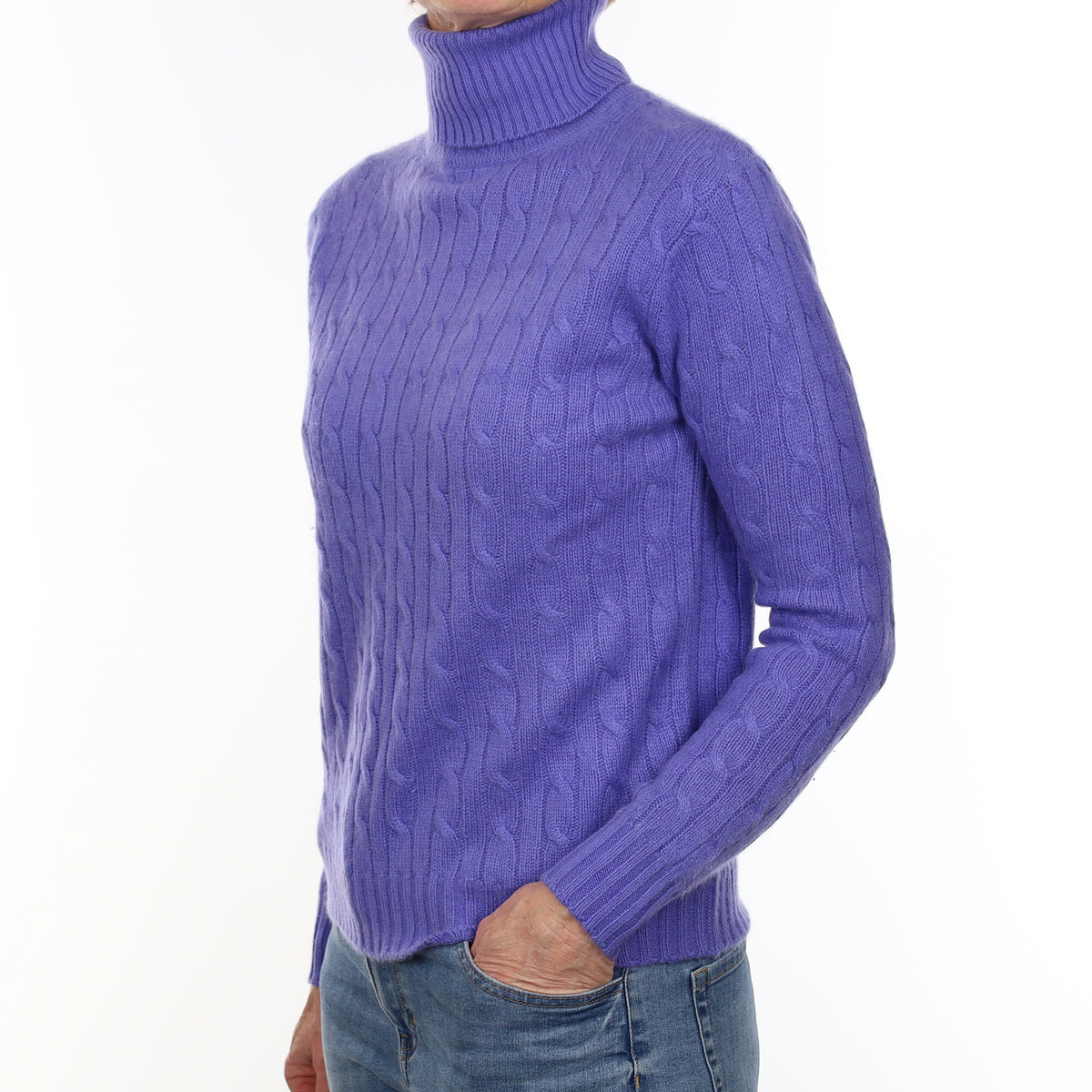 Bluebell Purple Cable Cashmere Polo Neck Cardigan Small
